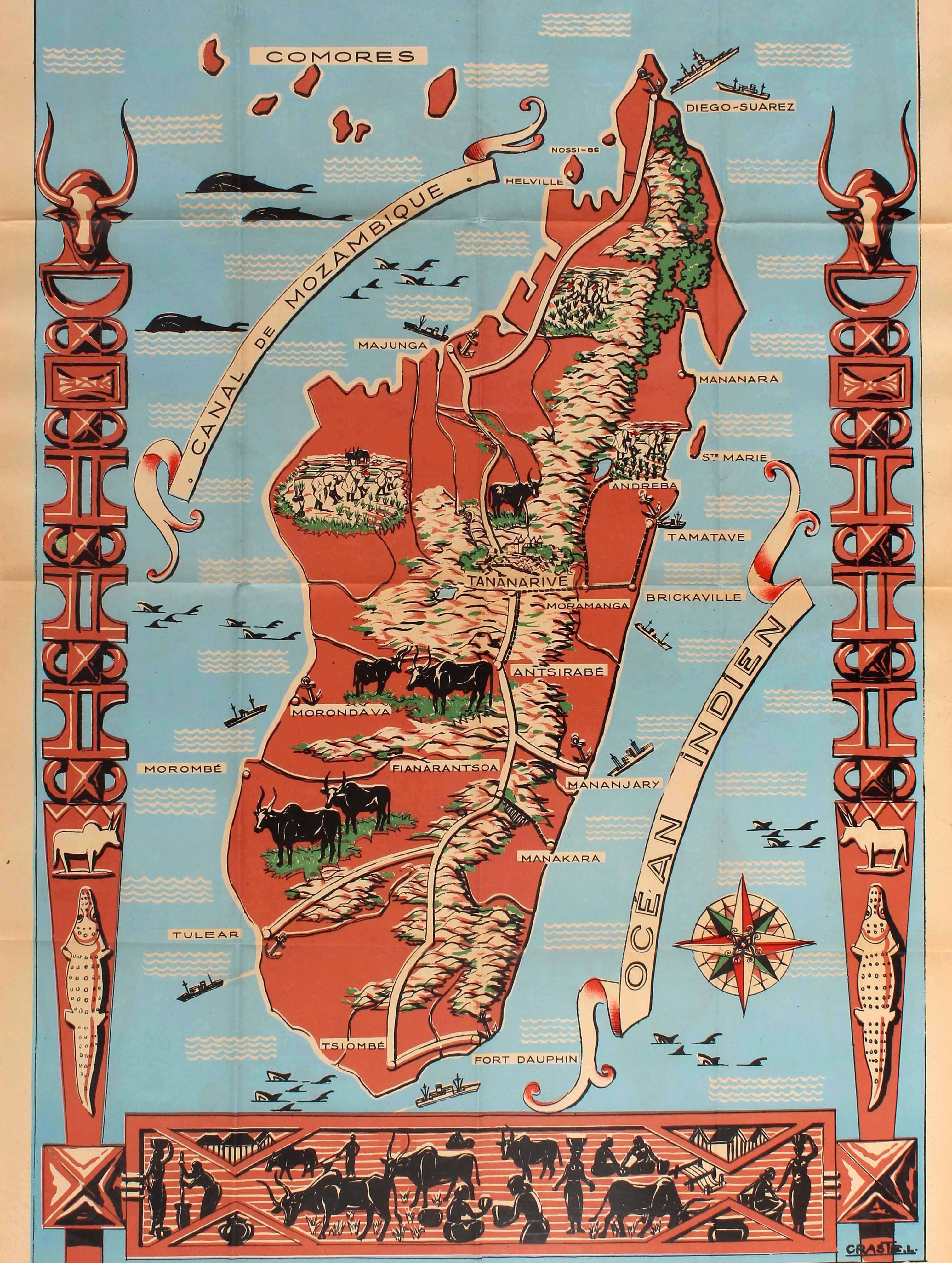 Français Original Vintage Poster Illustrated Map Madagascar French Colony Industry Travel en vente