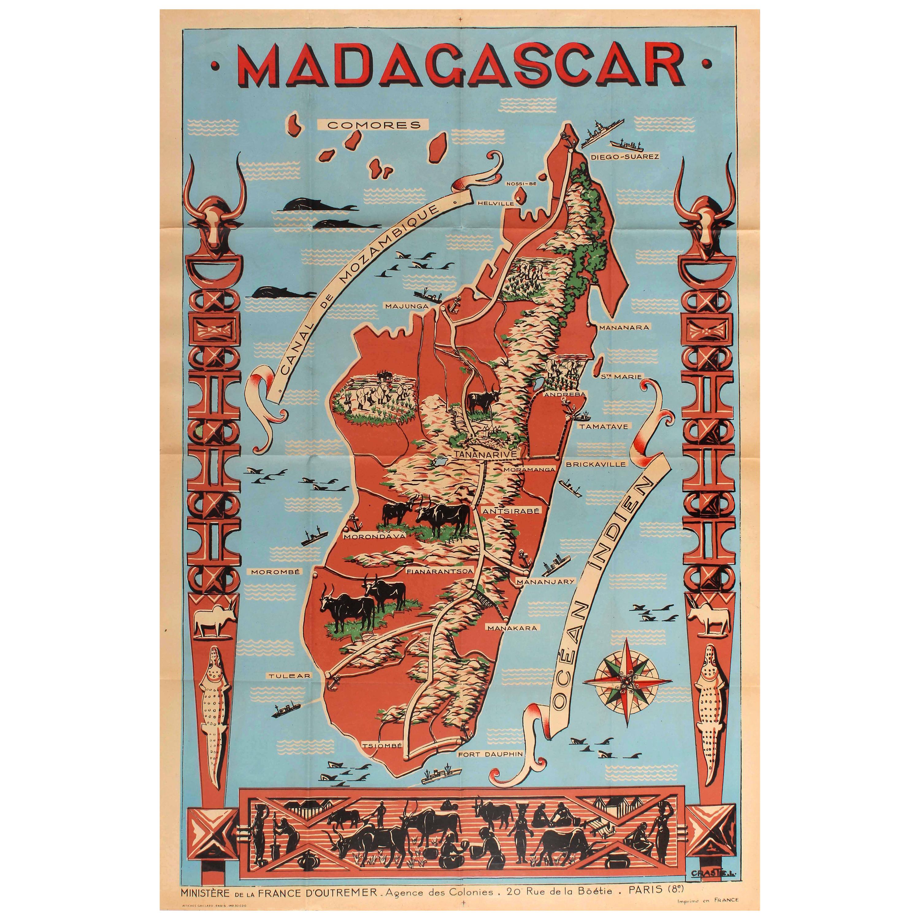 Original Vintage Poster Illustrated Map Madagascar French Colony Industry Travel en vente