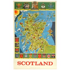 Original Vintage Poster Illustrated Map Of Scotland Sport Travel UK Coat Of Arms