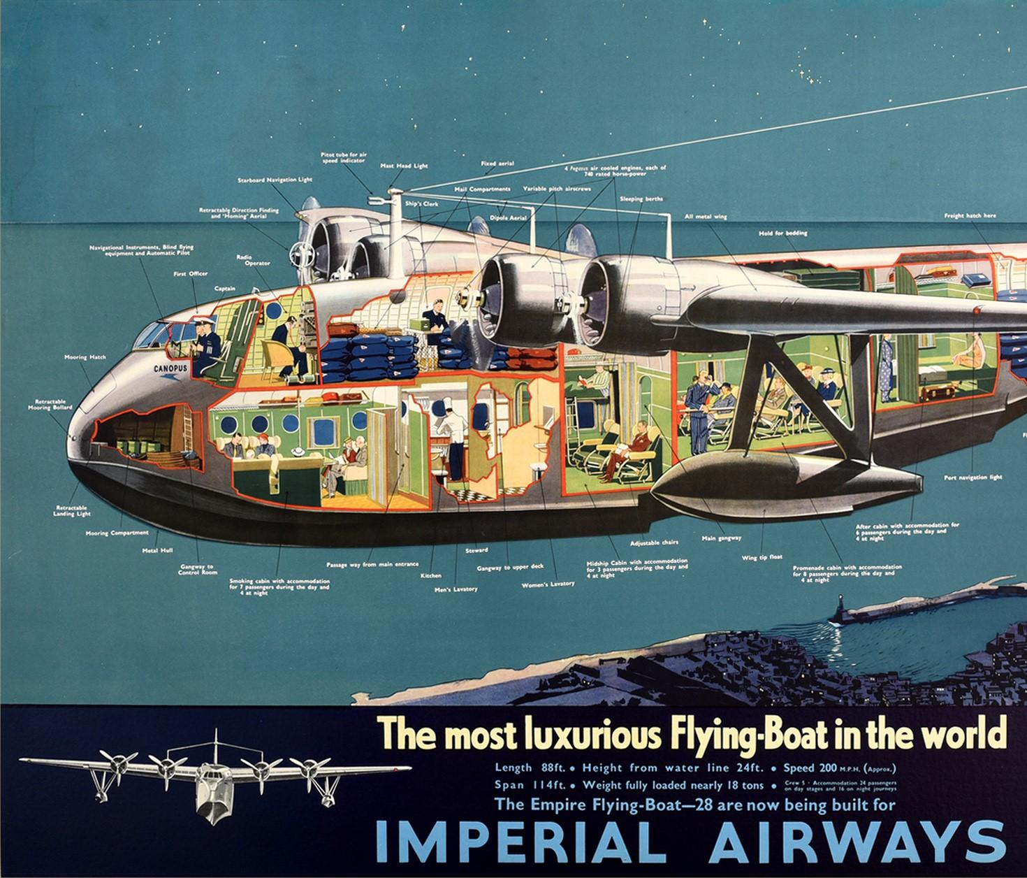 Original vintage travel advertising poster for The Empire Flying-Boat of Imperial Airways - Length 88ft Height from water line 24ft Speed 200mph Span 114ft Weight fully loaded 18 tons - 28 are now being built for use on the Empire Routes - Crew 4