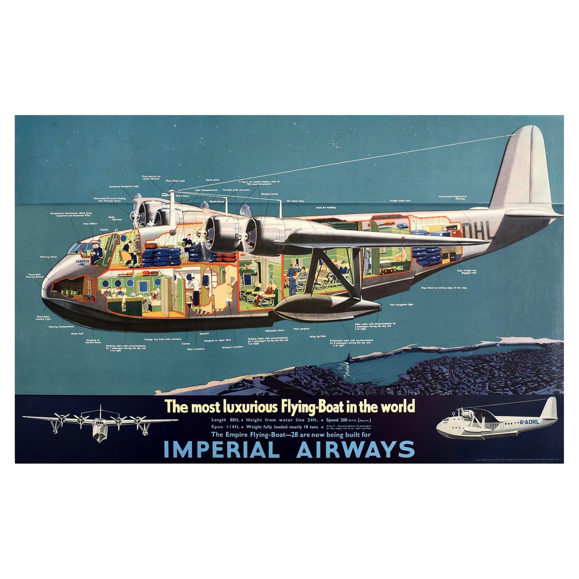 Original Vintage Poster Imperial Airways Empire Flying Boat Canopus Plane Travel For Sale