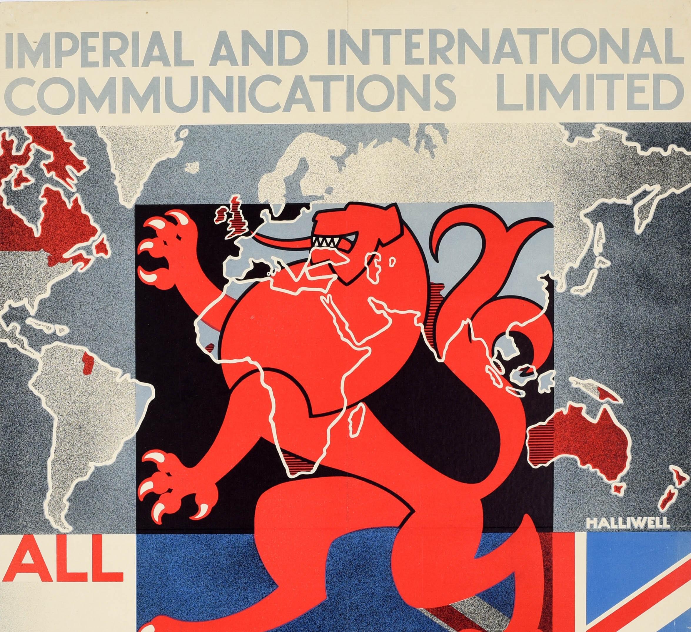 Original Vintage-Werbeplakat - Imperial and International Communications Limited stellt auf der British Industries Fair in London und Birmingham aus. Alle britischen Routen über Imperial über Eastern über Empiradio oder über Marconi Head Office