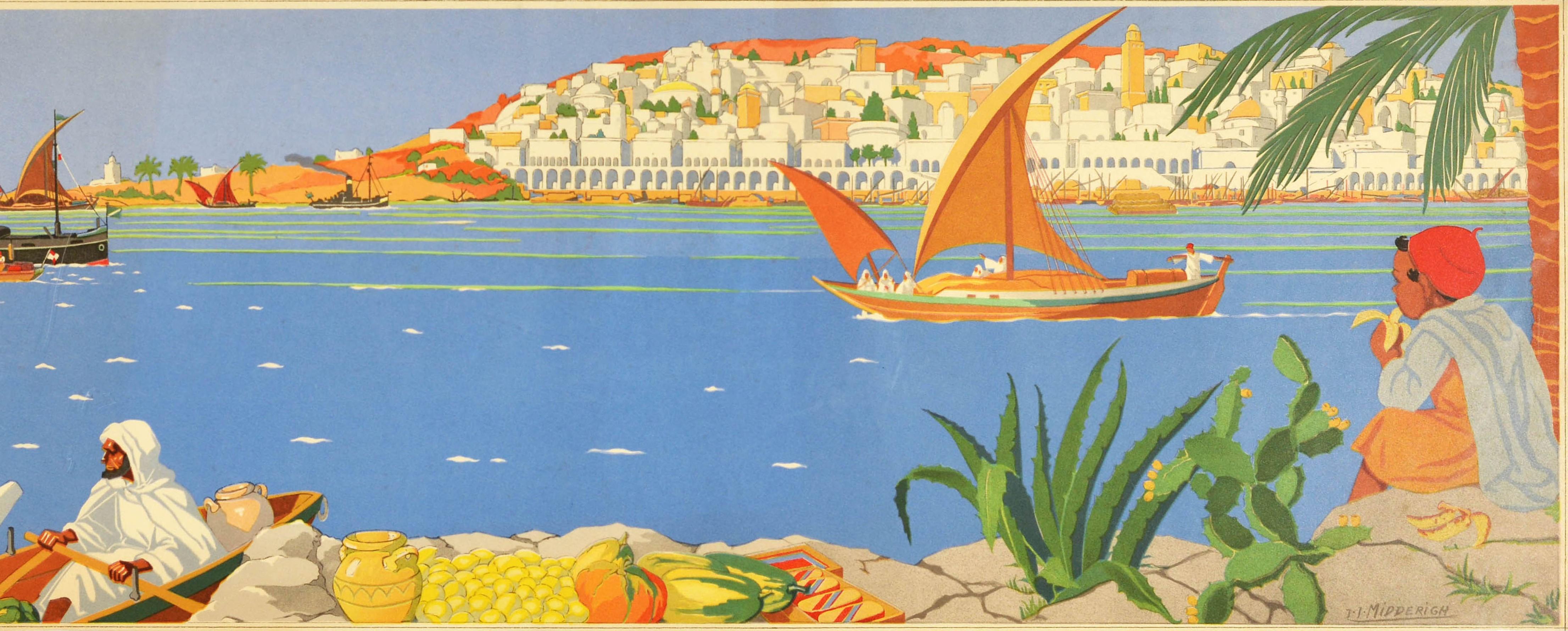 Poster di viaggio originale d'epoca con un colorato disegno panoramico intitolato In The Near East dipinto da Jean Jacques Midderigh (1877-1970) che mostra uomini in barche a remi cariche di frutta tropicale e un ragazzo seduto su delle rocce che