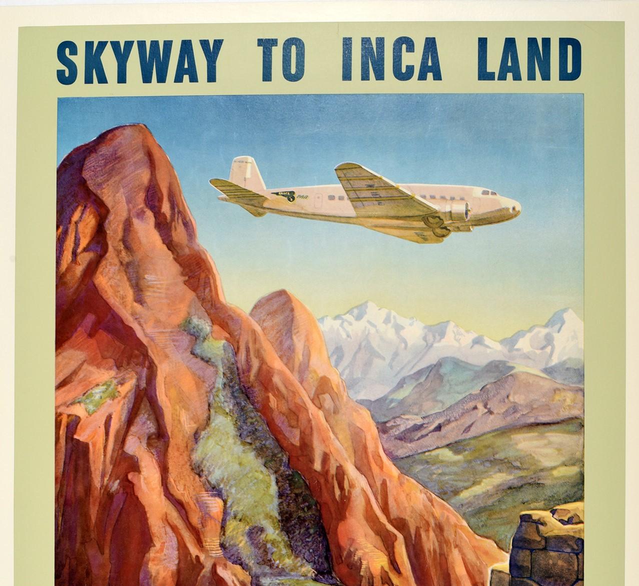 Original vintage PanAm travel poster - Skyway to Inca Land It's a Small World by Pan American Airways - featuring a great design depicting people in colorful clothing standing at Macchu Picchu with their llamas and watching a Pan Am plane fly over