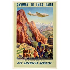 Original Vintage Poster Inca Land Small World By Pan American Macchu Picchu Peru