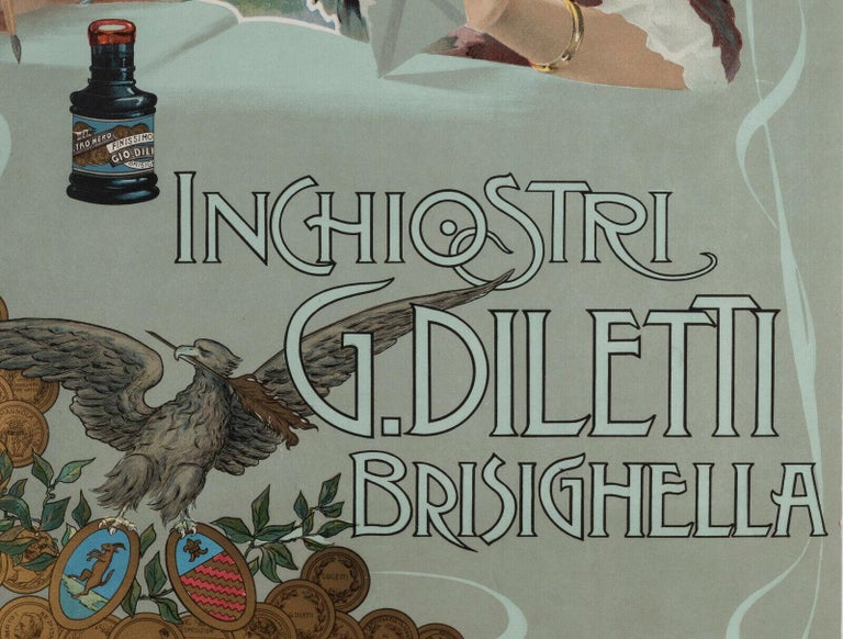 Original Vintage Poster-Inchiostri G. Diletti-Brisighella-Ink-Italia, c.1900

We see a woman writing a letter with a pen-holder and ink.

At the bottom of the poster, we find the eagle, symbol of the Gio Diletti company, as well as the many medals