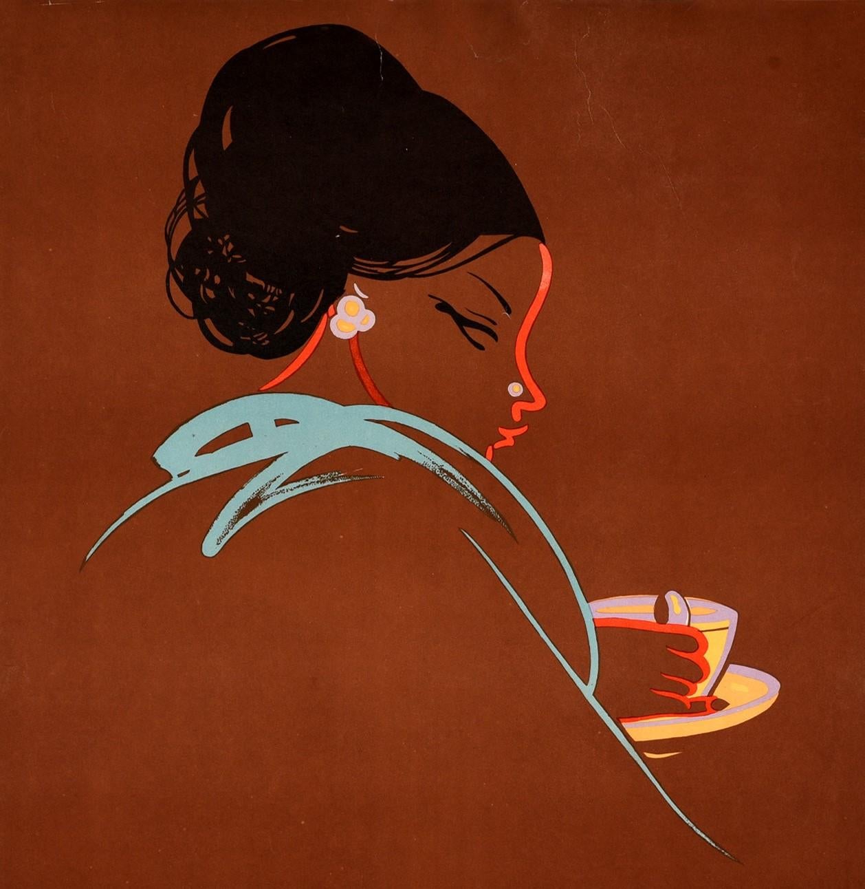 Original vintage drink advertising poster for Indian Coffee The Cup That XL's issued by the Coffee Board Bangalore featuring a colourful stylised illustration of a lady drinking a cup of coffee against a brown background with the bold blue and