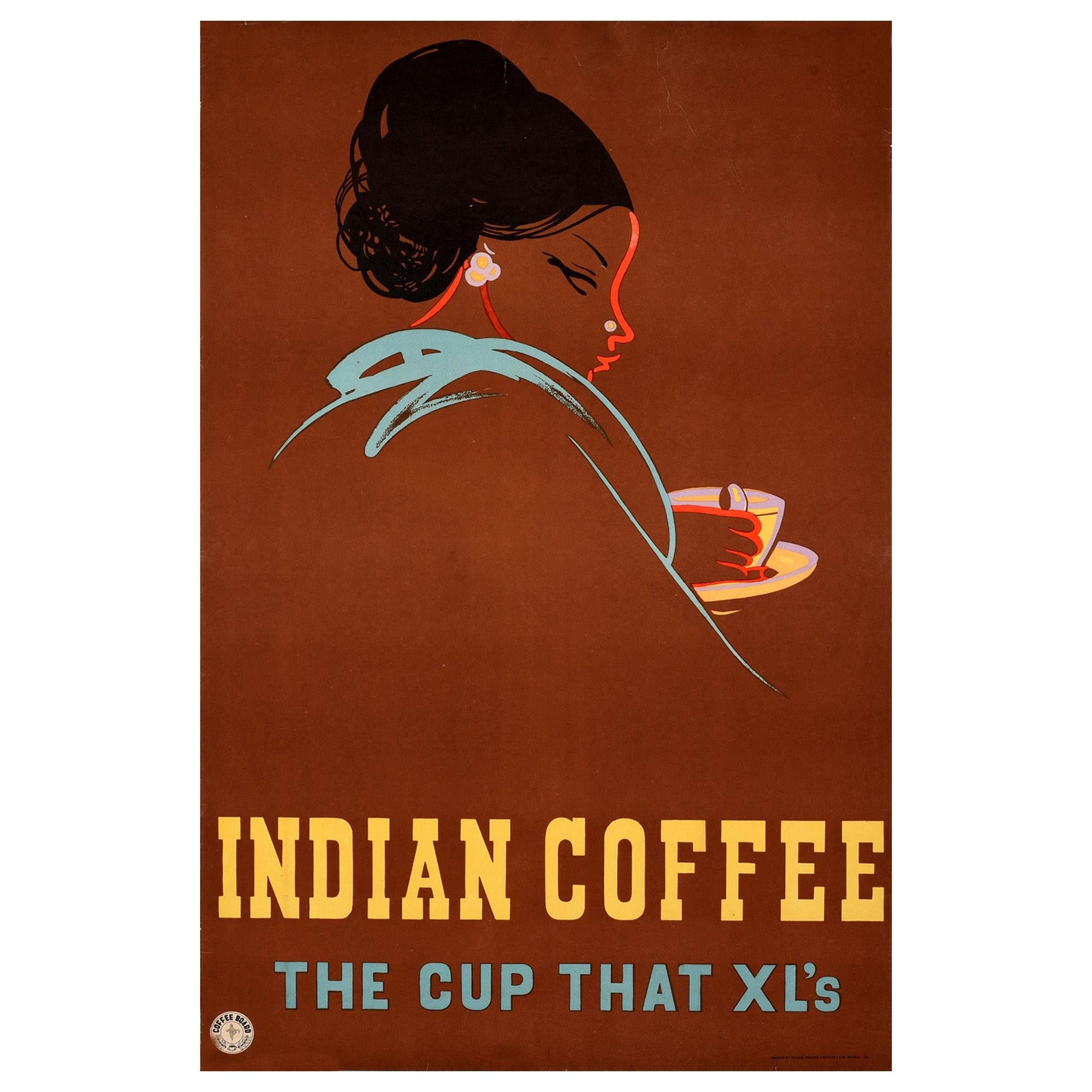 Original Vintage Poster Indian Coffee The Cup That XL's India Drink Coffee Board For Sale