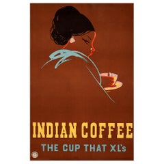 Affiche vintage originale:: Cafetière indienne:: The Cup That XL's India Drink:: Planche à café