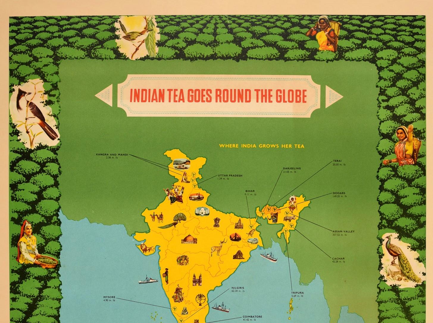 Original vintage poster - Indian Tea Goes Round the Globe Where India Grows Her Tea Export of Indian Tea - featuring a pictorial map of India with the tea growing places marked by name and amount of tea produced including the Assam Valley (357.52 m