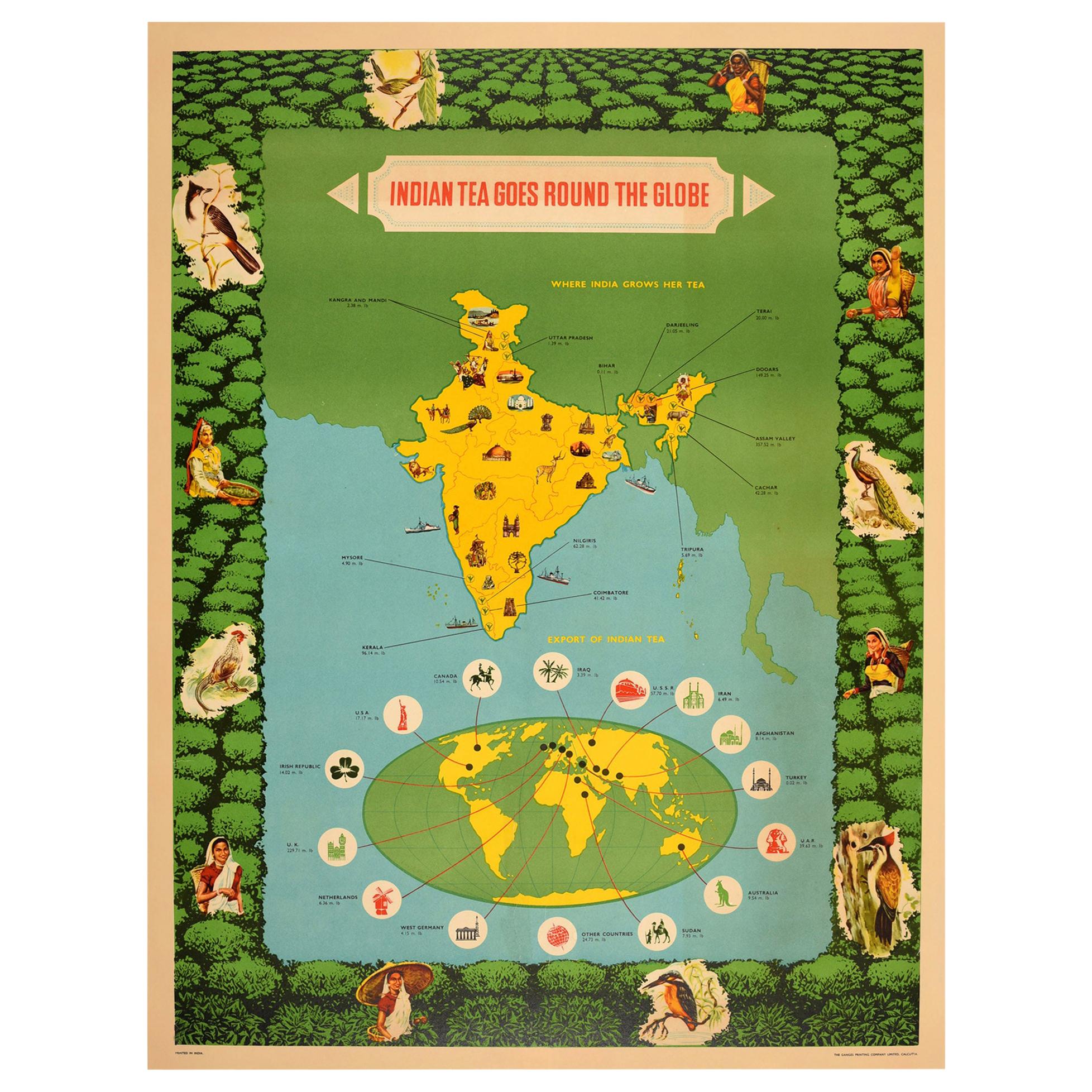 Original Vintage Poster Indian Tea Export Round The World Pictorial Map Design