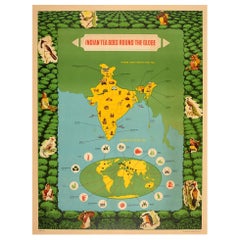 Original Retro Poster Indian Tea Export Round The World Pictorial Map Design