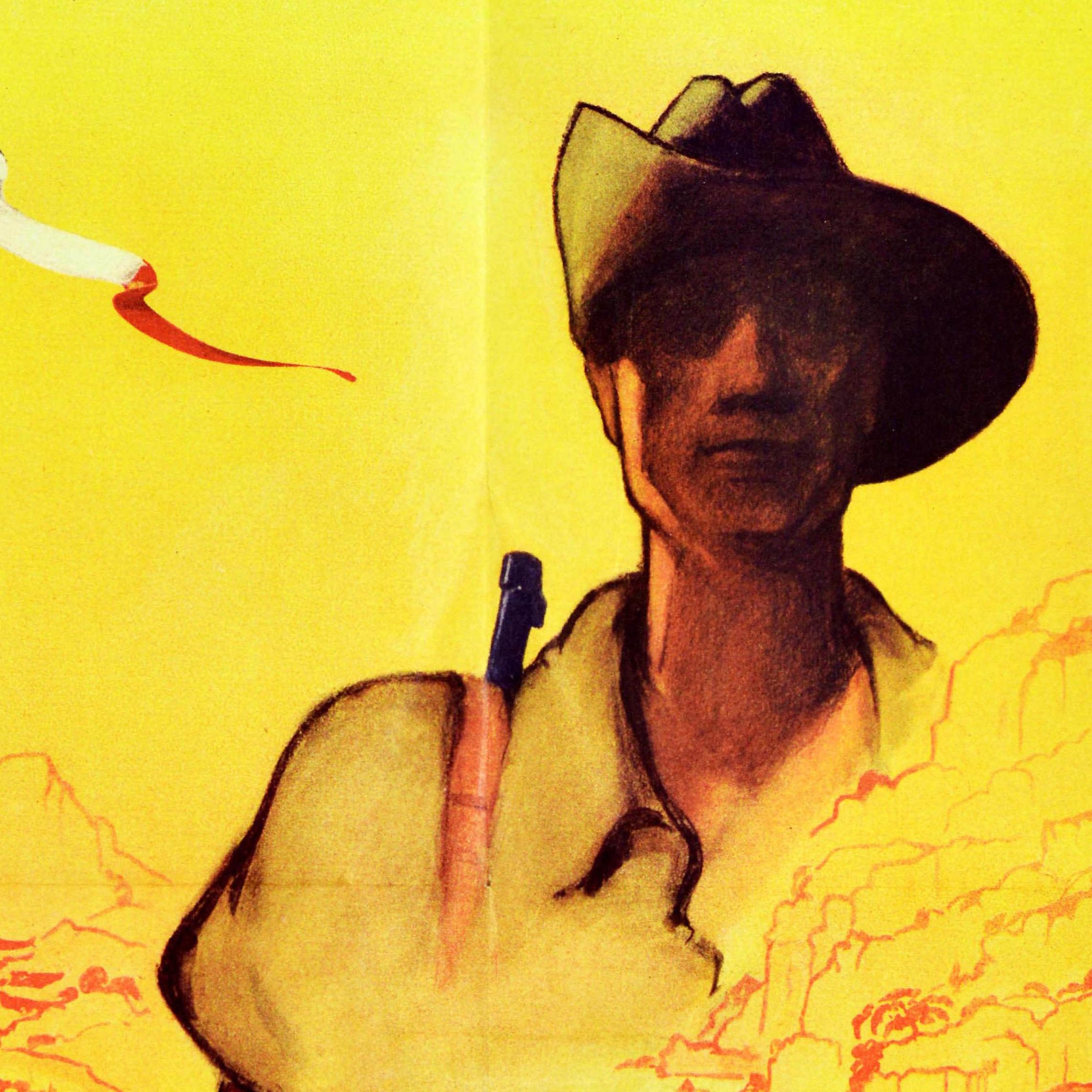 Original vintage poster - Aide Aux Combattants D'Indochine Aux Anciens, a leurs familles / Aid to Indochina combatants To the elderly, to their families - featuring a soldier armed with a rifle gun over his shoulder against a yellow background with