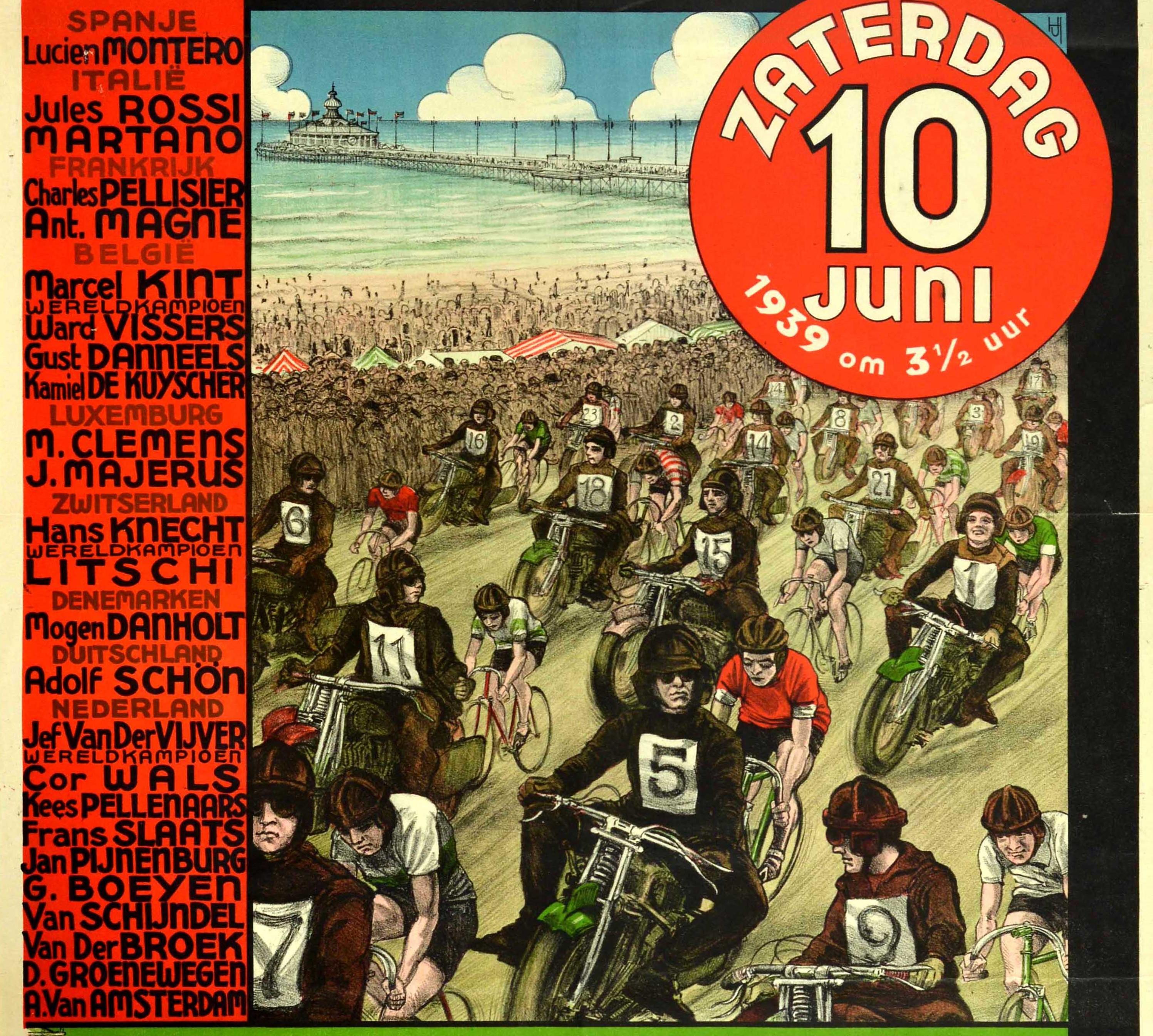 Original-GP-Motorsport-Werbeplakat für das Internationale Weltkriterium um den Großen Preis von Scheveningen, das am 10. Juli 1939 in den Niederlanden stattfand - Internationaal Wereldcriterium Om Den Grooten Prijs Van Scheveningen - mit einer