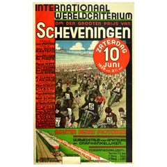 Affiche rétro originale du Grand Prix international de cyclisme de Scheveningen, Voiture