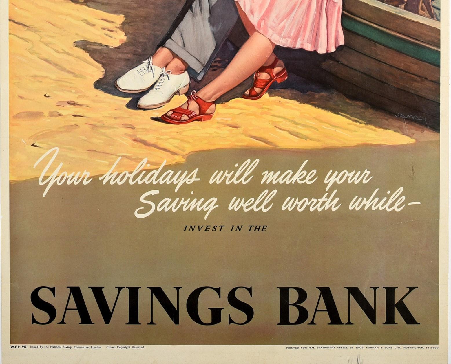 Original Vintage Poster Investieren Sie in die Sparkasse Urlaub Seaside Beach Boat (Britisch) im Angebot