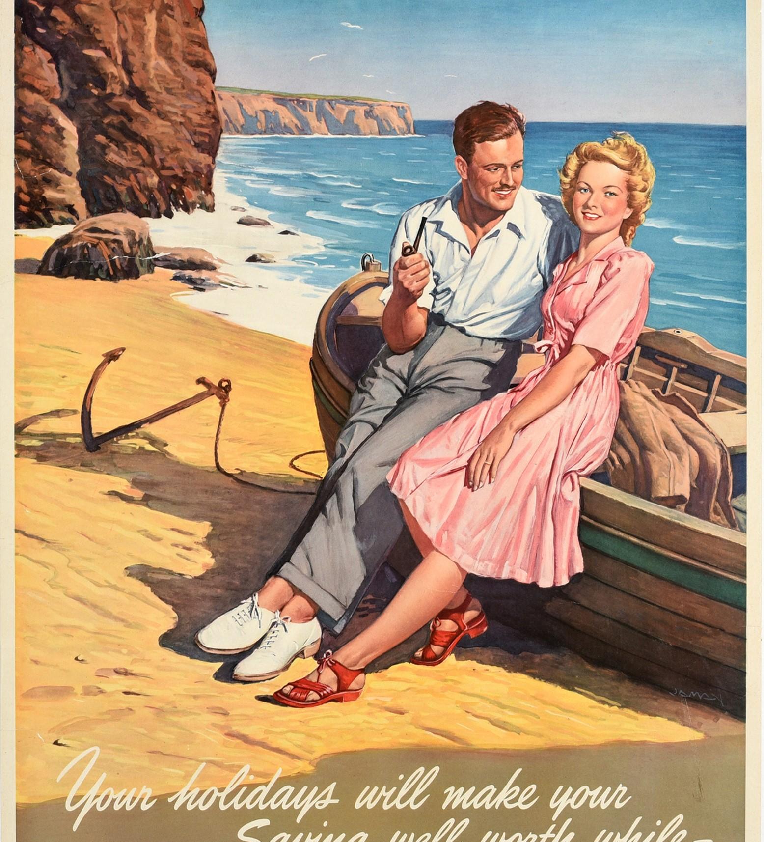Britannique Affiche vintage d'origine Invest In The Savings Bank, vacances, bateau de plage en bord de mer en vente
