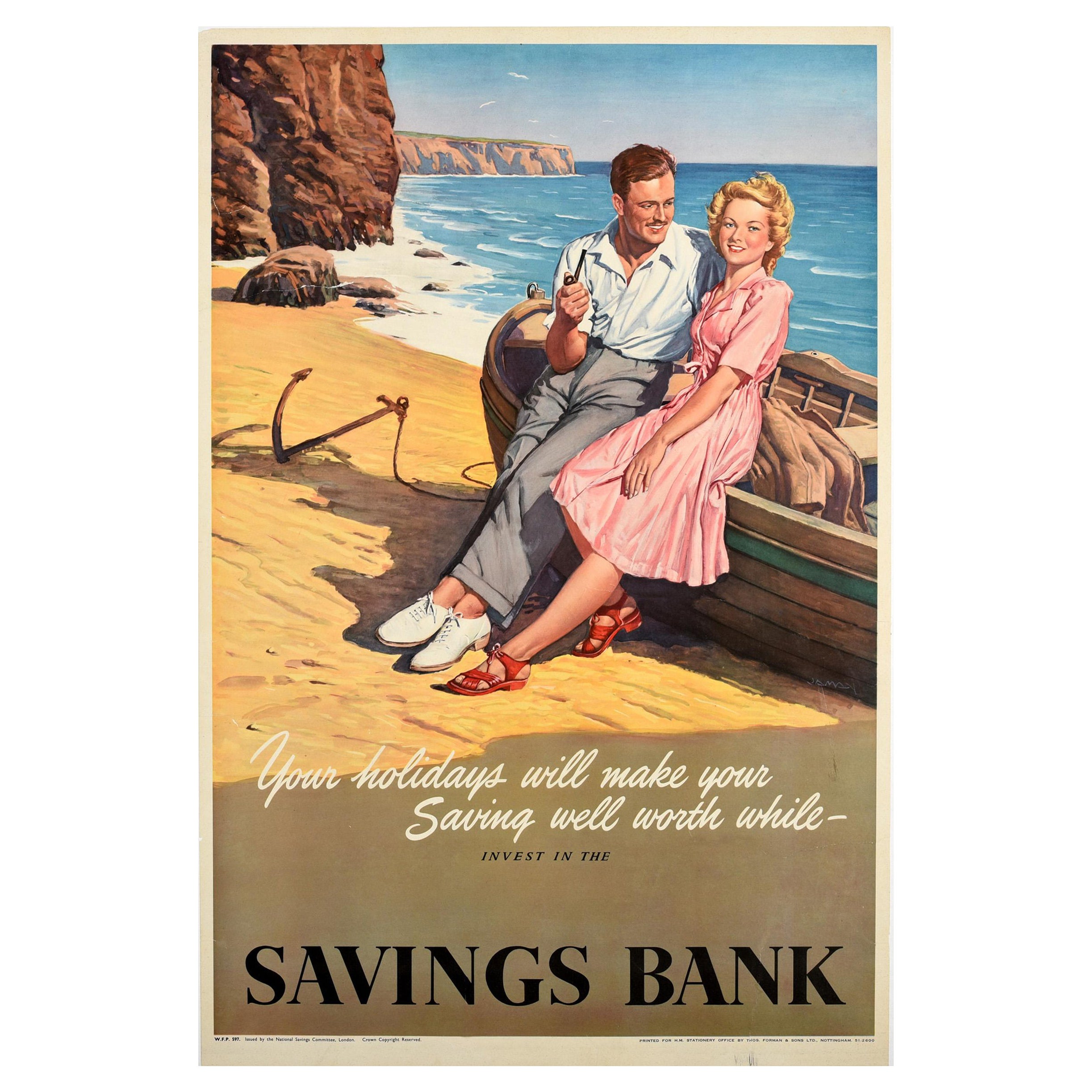 Original Vintage Poster Investieren Sie in die Sparkasse Urlaub Seaside Beach Boat
