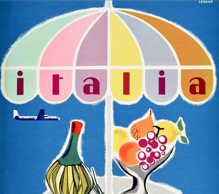 Original vintage travel poster for Italy / Italia issued by Alitalia featuring a colourful image of a fruit bowl and bottle of wine with flowers on a table against a blue background with the letters Italia on the sun umbrella and a plane flying by