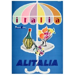 Original Vintage Poster Italia Italy Alitalia Airline Travel Wine Fruit Flowers