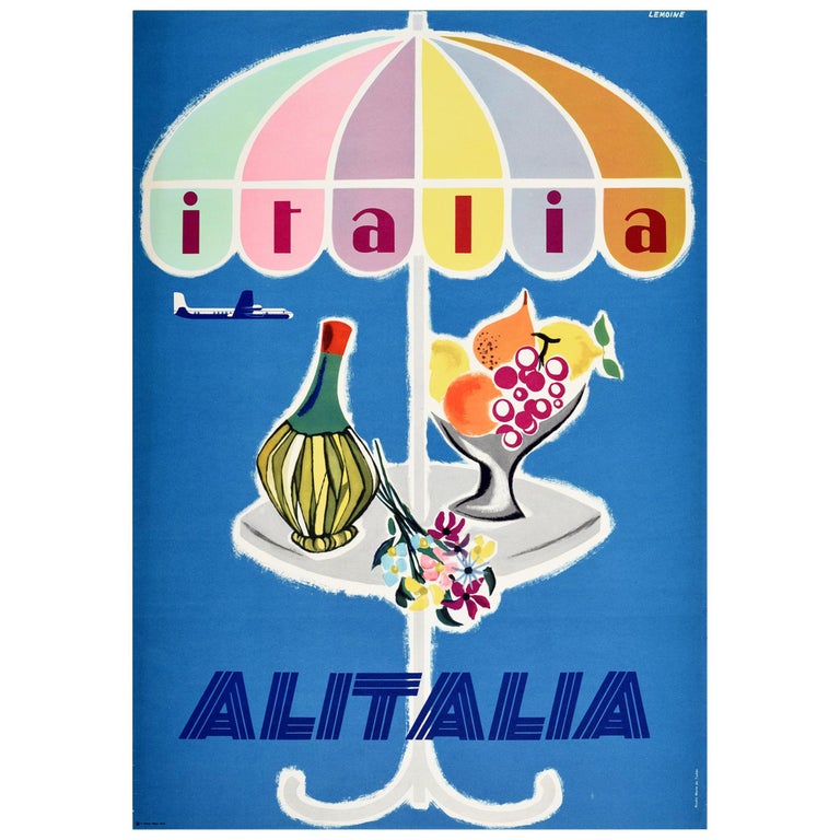 Original Vintage Poster Italia Italy Alitalia Airline Travel Wine Fruit Flowers For Sale