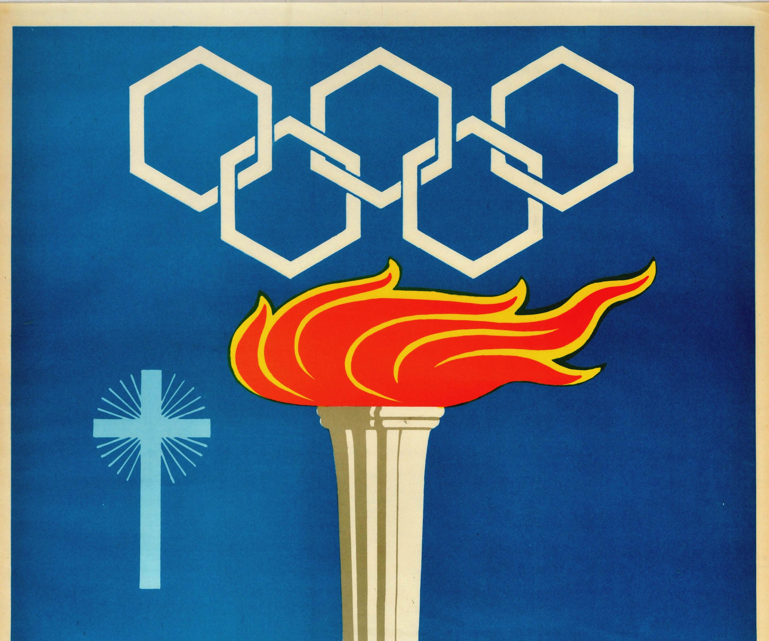 Original vintage sport poster - Il Centro Sportivo Italiano Agli Atleti Di Tutto Il Mondo / The Italian Sports Centre To Athletes From All Over the World - featuring a flaming torch from the Rome 1960 Summer Olympic Games with a minimalist line