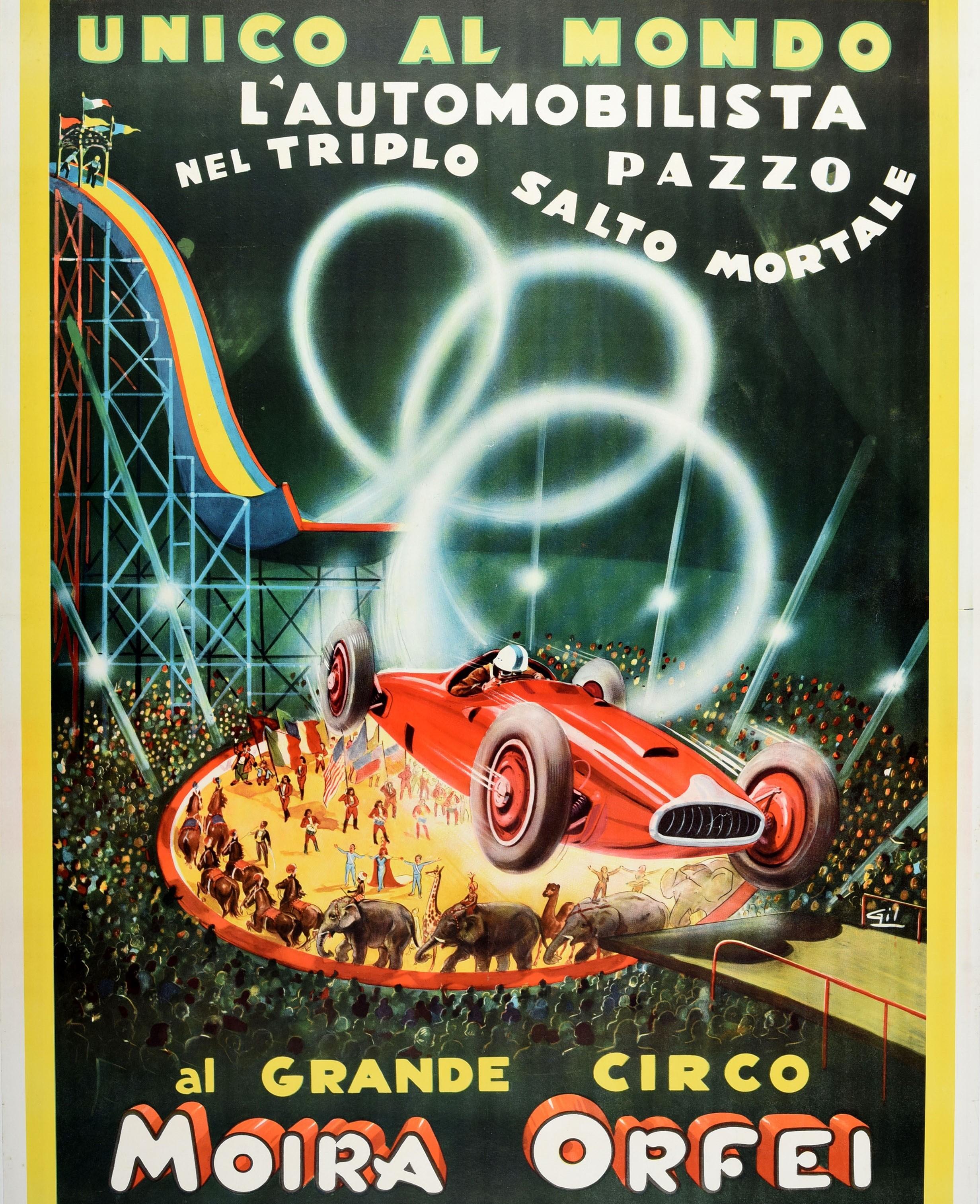 Affiche vintage d'origine, Italie, Circus Queen Moira Orfei, Triple Somersault Car Act Bon état - En vente à London, GB