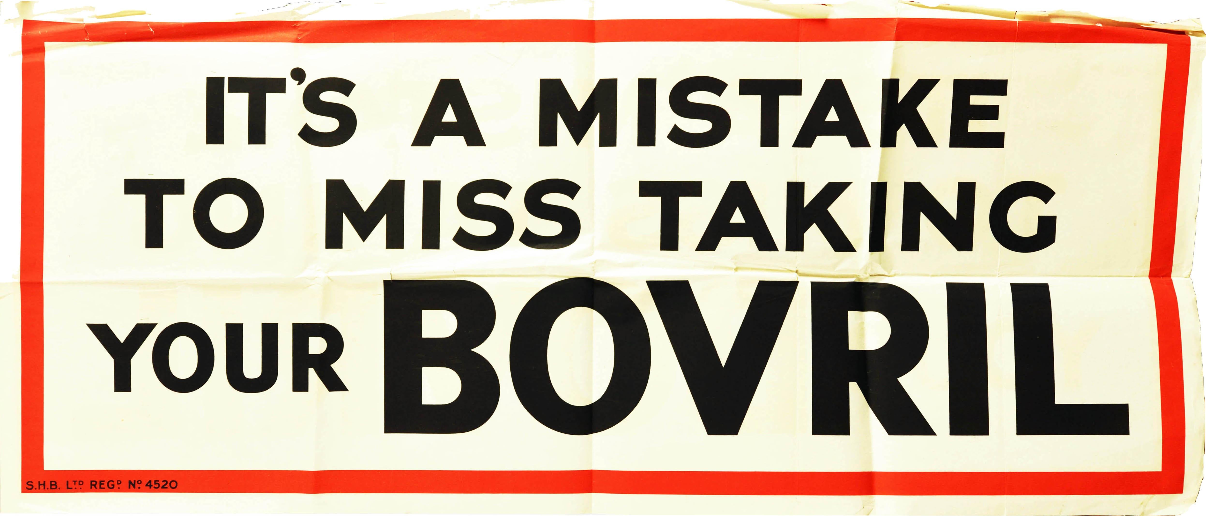 Original vintage food advertising poster for Bovril - It's a mistake to miss taking your Bovril - featuring bold black lettering on a white background in a red frame border. Printed in Britain in the 1930s, this campaign used puns and word play to
