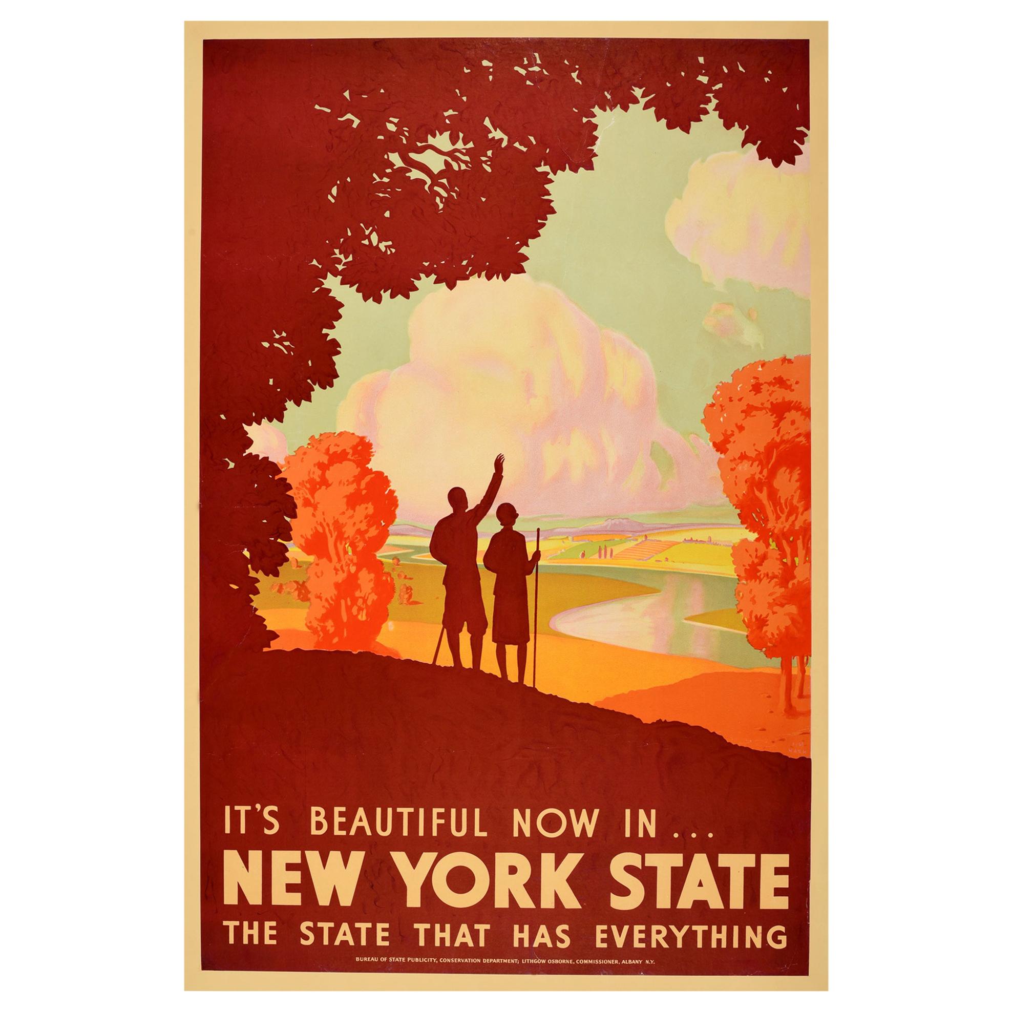 Affiche vintage d'origine It's Beautiful Now In New York State, Voyage, Hiking, Automne