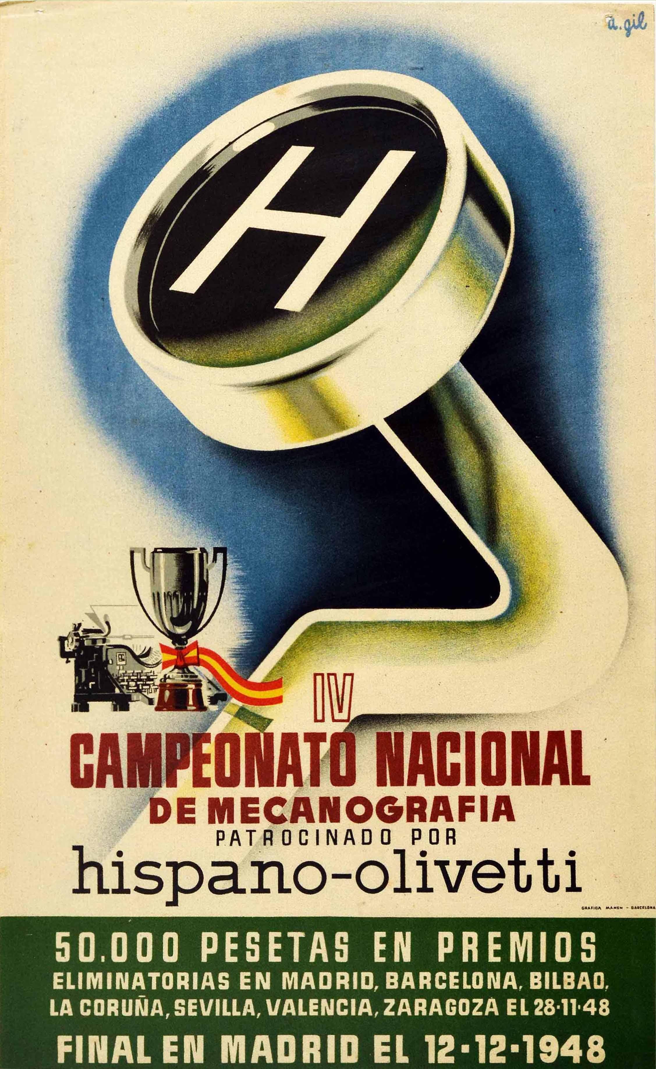 Original vintage advertising poster for the IV National Typing Championship / IV Campeonato Nacional de Mecanografia sponsored by Hispano-Olivetti featuring a great graphic design illustration of a large letter H typewriter key on a white and blue