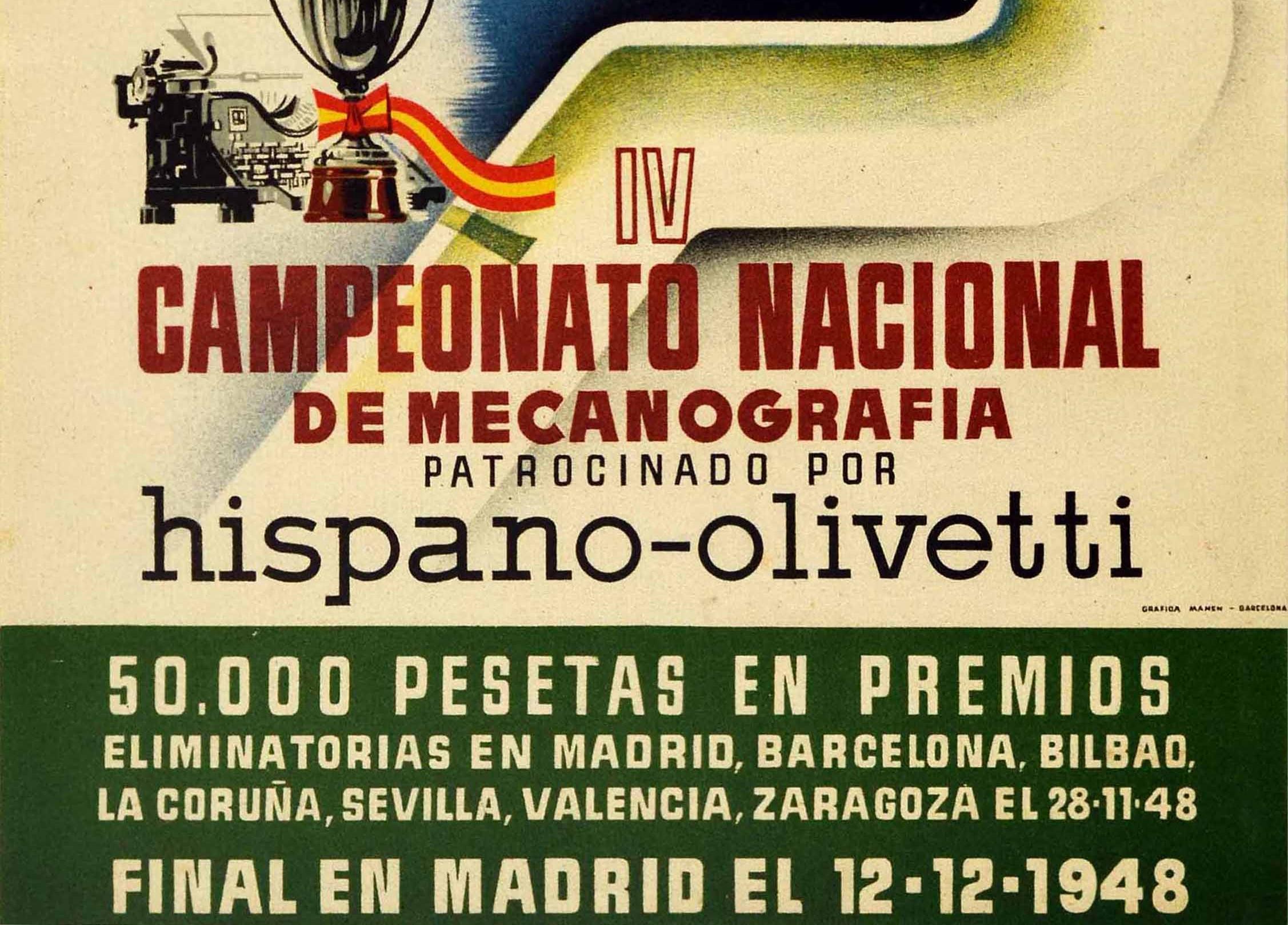 Original Vintage Poster IV Mecanografia Typing Championship Hispano Olivetti - H In Good Condition For Sale In London, GB