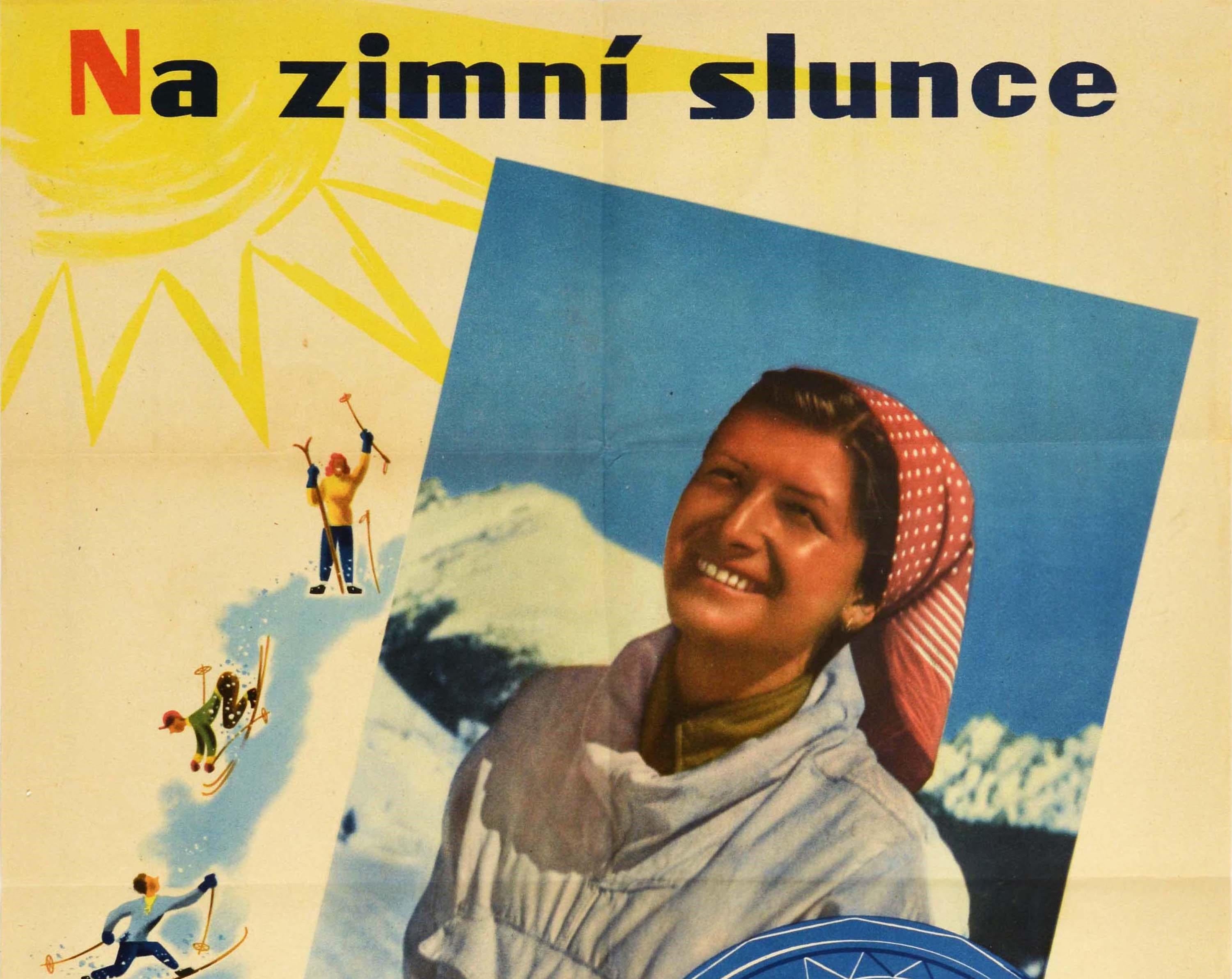 Original vintage advertising poster for Jadran sun cream - In the winter sun Jadran with burn protection filter / Na zimni slunce Jadran s ochrannym filtrem proti spaleninam - featuring a great design with a photo of a smiling lady wearing a