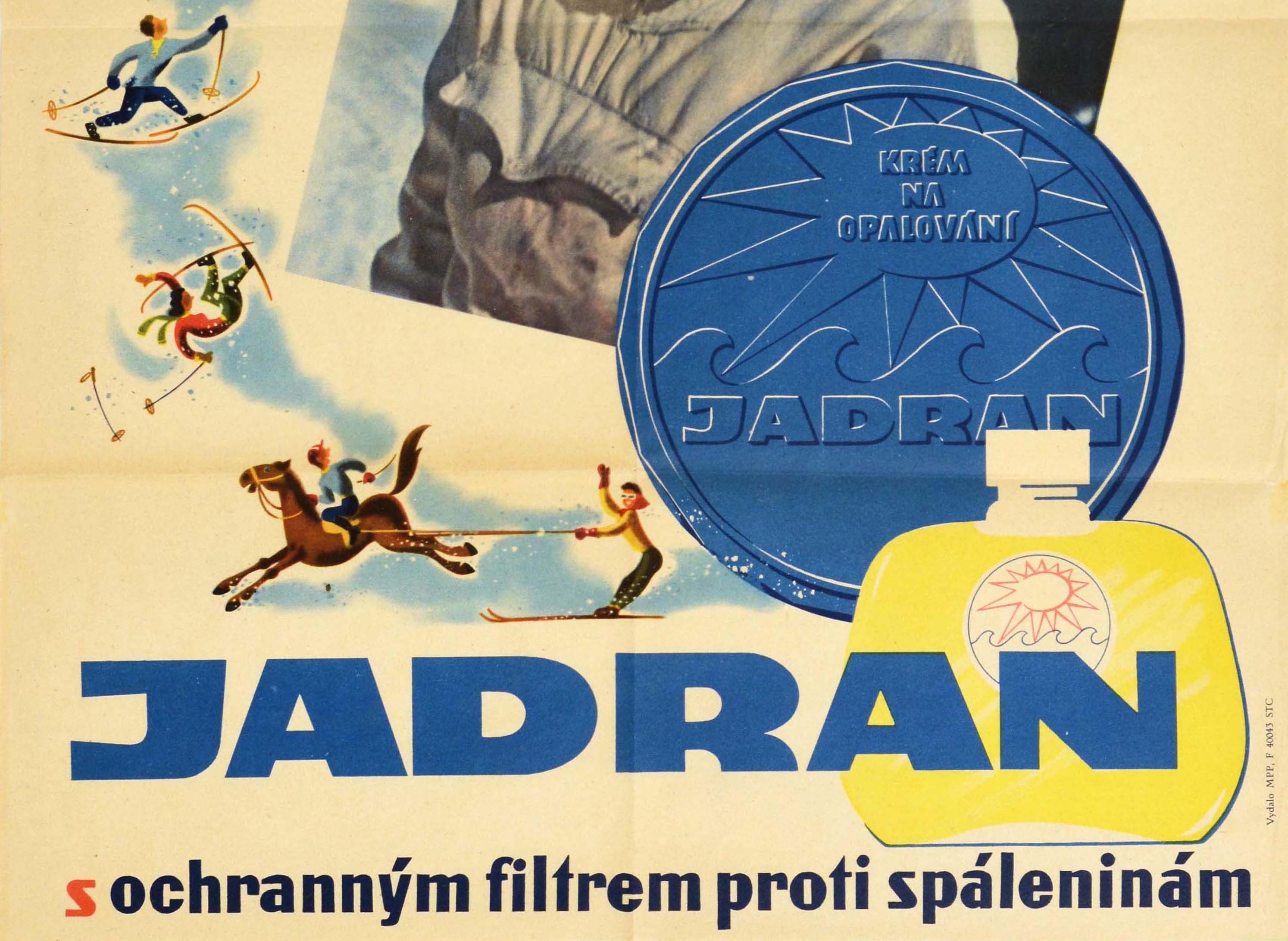 Tchèque Affiche rétro originale Jadran Sunscreen, Éclairage de soleil d'hiver, Sports et chevaux, Illustration en vente