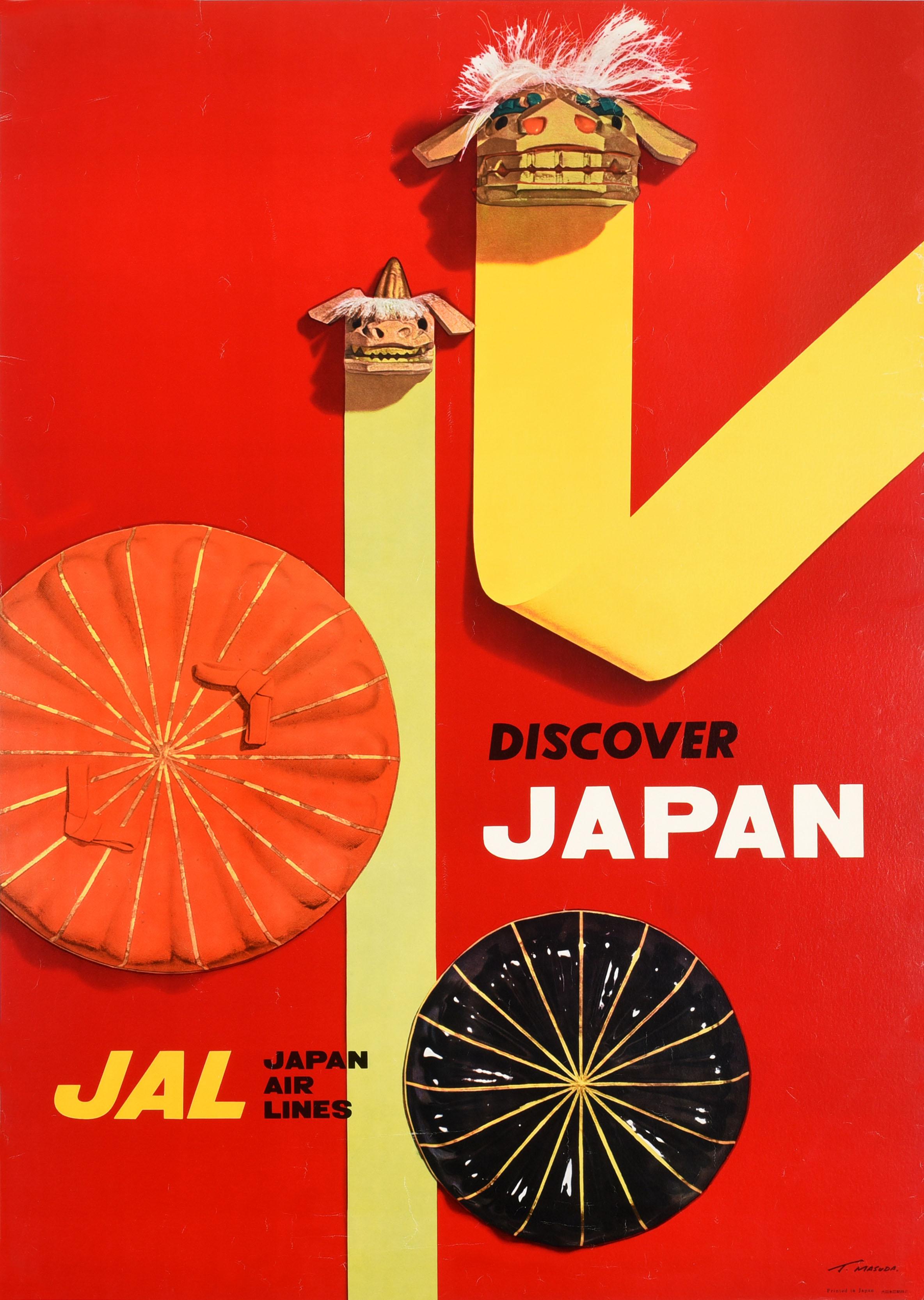 Original vintage travel poster - Discover Japan - featuring a great graphic design depicting two Japanese lion dogs on yellow ribbon lines against a red background with the bold lettering on the sides issued by Japan Airlines JAL. Established in