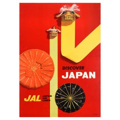 Original Vintage Poster Japan Airlines JAL Discover Japan Travel Lion Dog Design