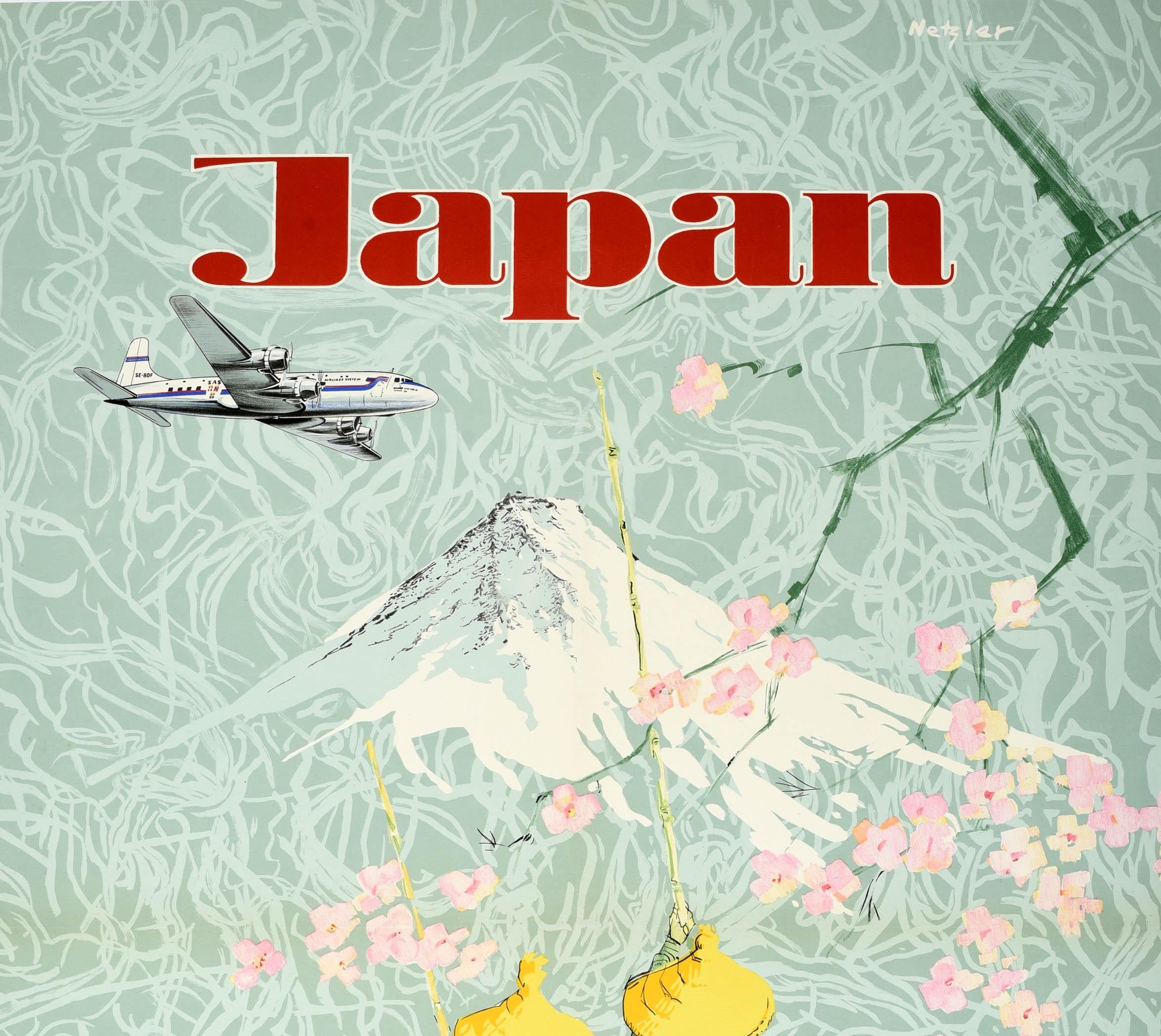 Original vintage travel poster for Japan issued by SAS Scandinavian Airline System (founded 1946) featuring colourful artwork by Kurt Netzler (1922-2006) of two people wearing traditional clothing and hats rowing a boat on a swirly background with a