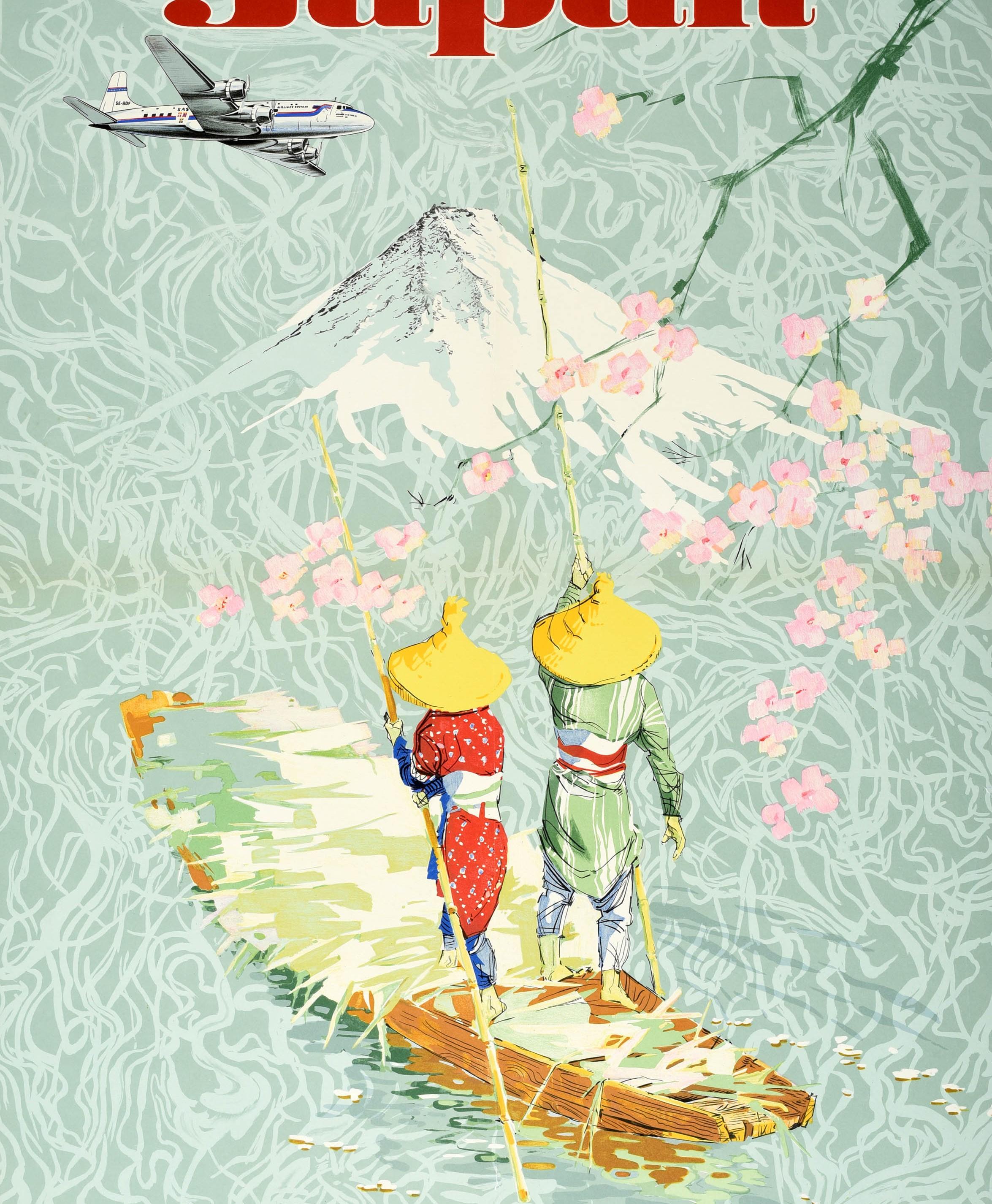 Swedish Original Vintage Poster Japan SAS Scandinavian Airline Travel Mount Fuji Blossom For Sale