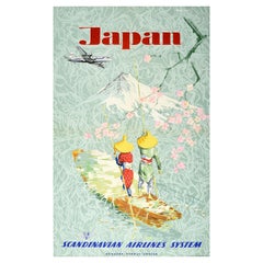 Original Vintage Poster Japan SAS Scandinavian Airline Travel Mount Fuji Blossom