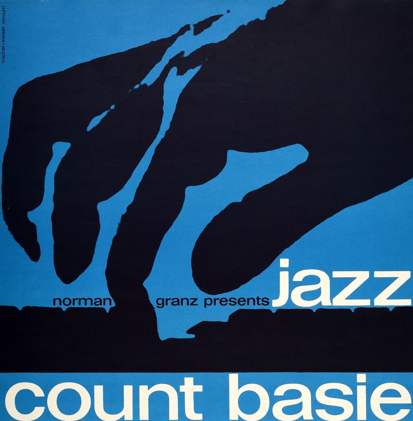 Original vintage poster advertising a music concert event - Norman Granz presents Jazz Count Basie and his orchestra with Joe Williams Miles Davis sextet Oscar Petersen trio Stan Getz quartet Messehalle 8 Koln - featuring a great design with the