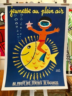 Original Vintage Poster Jeunesse Au Plein Air Boy with Fish by Herve Morvan