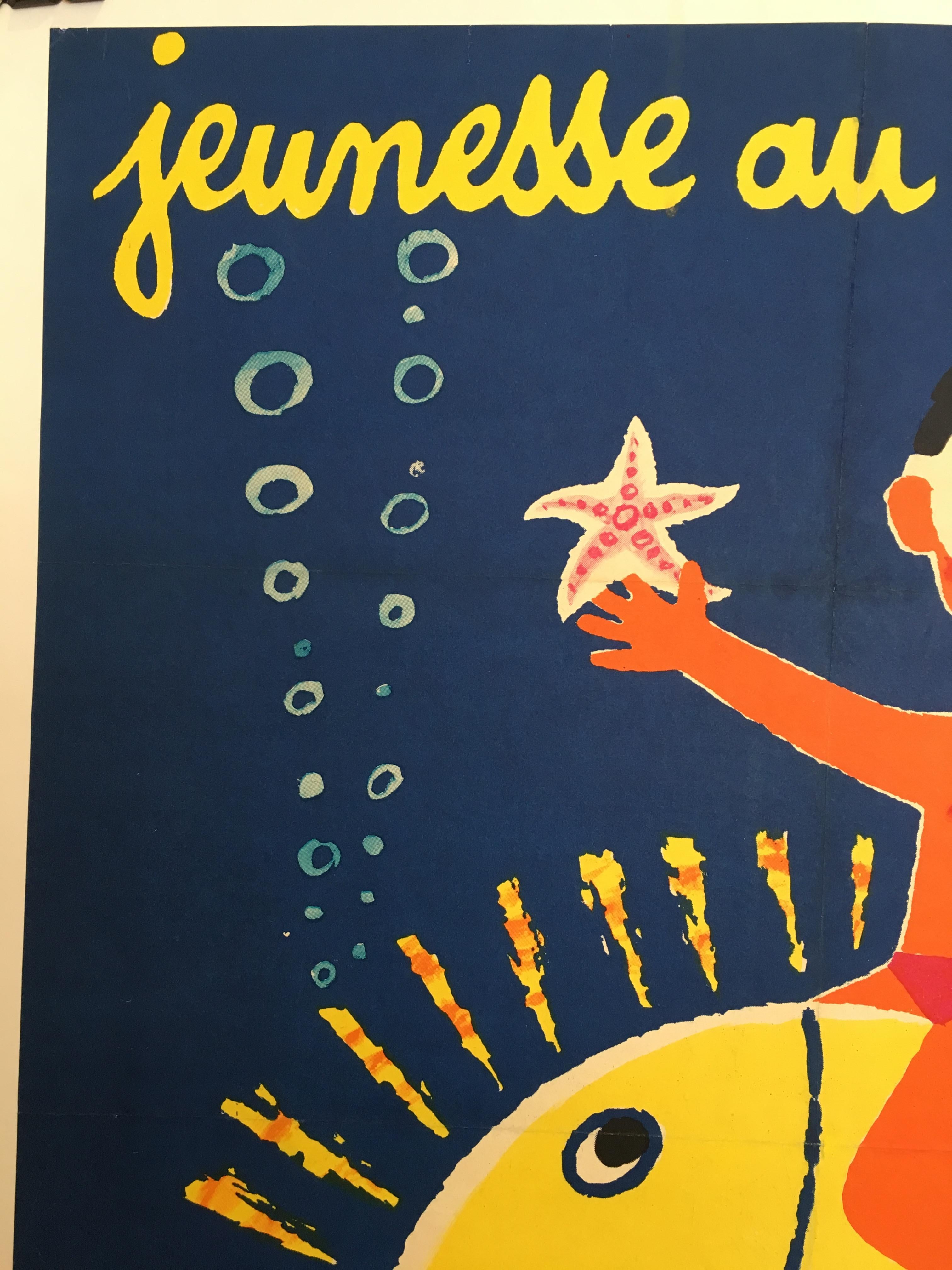 Mid-Century Modern Original Vintage Poster Jeunesse Au Plein Air Boy with Fish by Herve Morvan