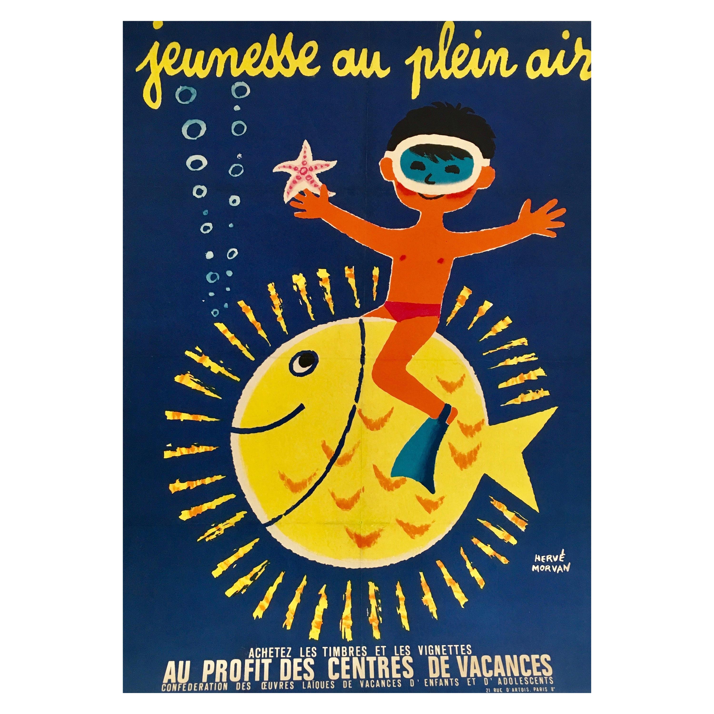 Original Vintage Poster Jeunesse Au Plein Air Boy with Fish by Herve Morvan