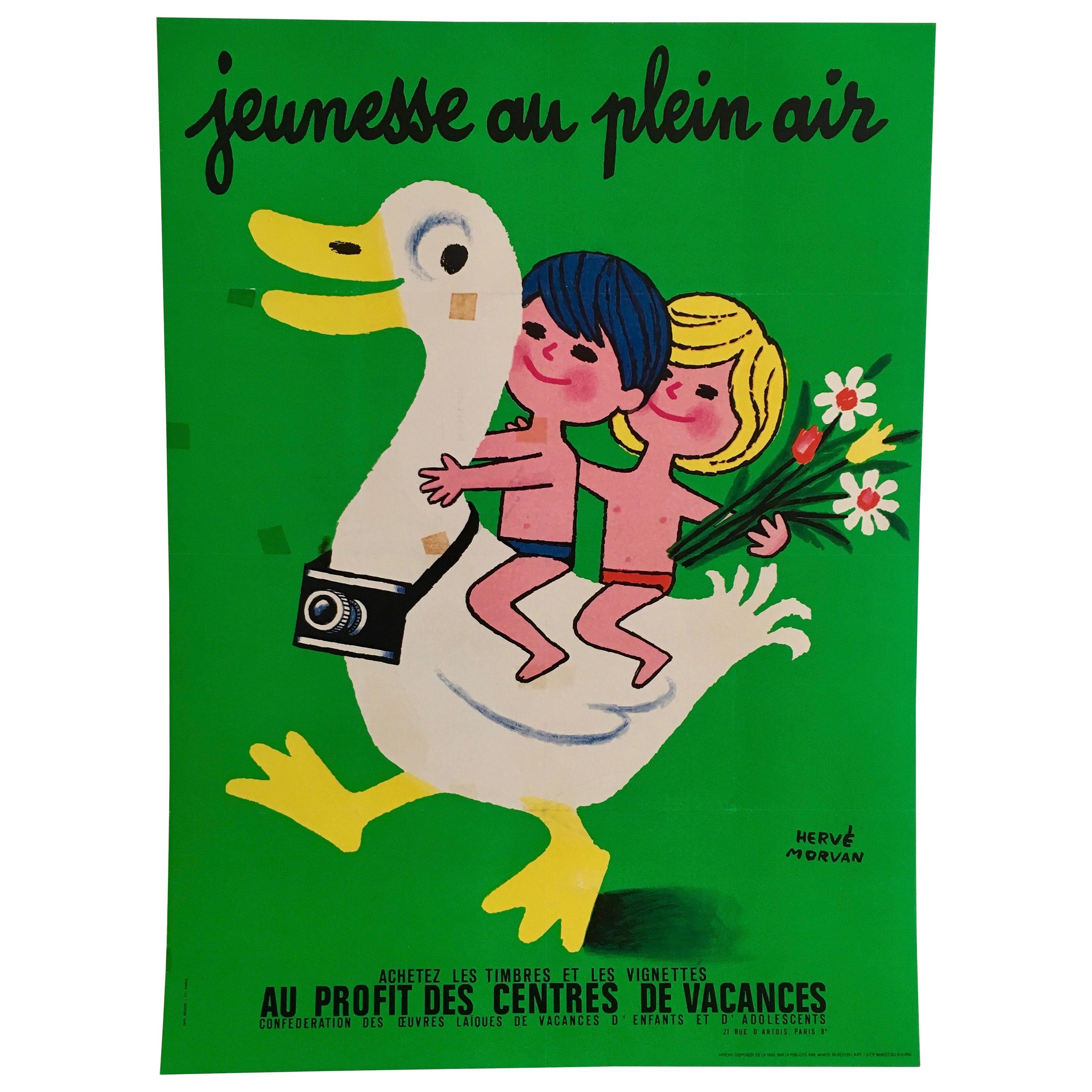 Original Vintage Poster Jeunesse Au Plein Air Children with Duck by Herve Morvan