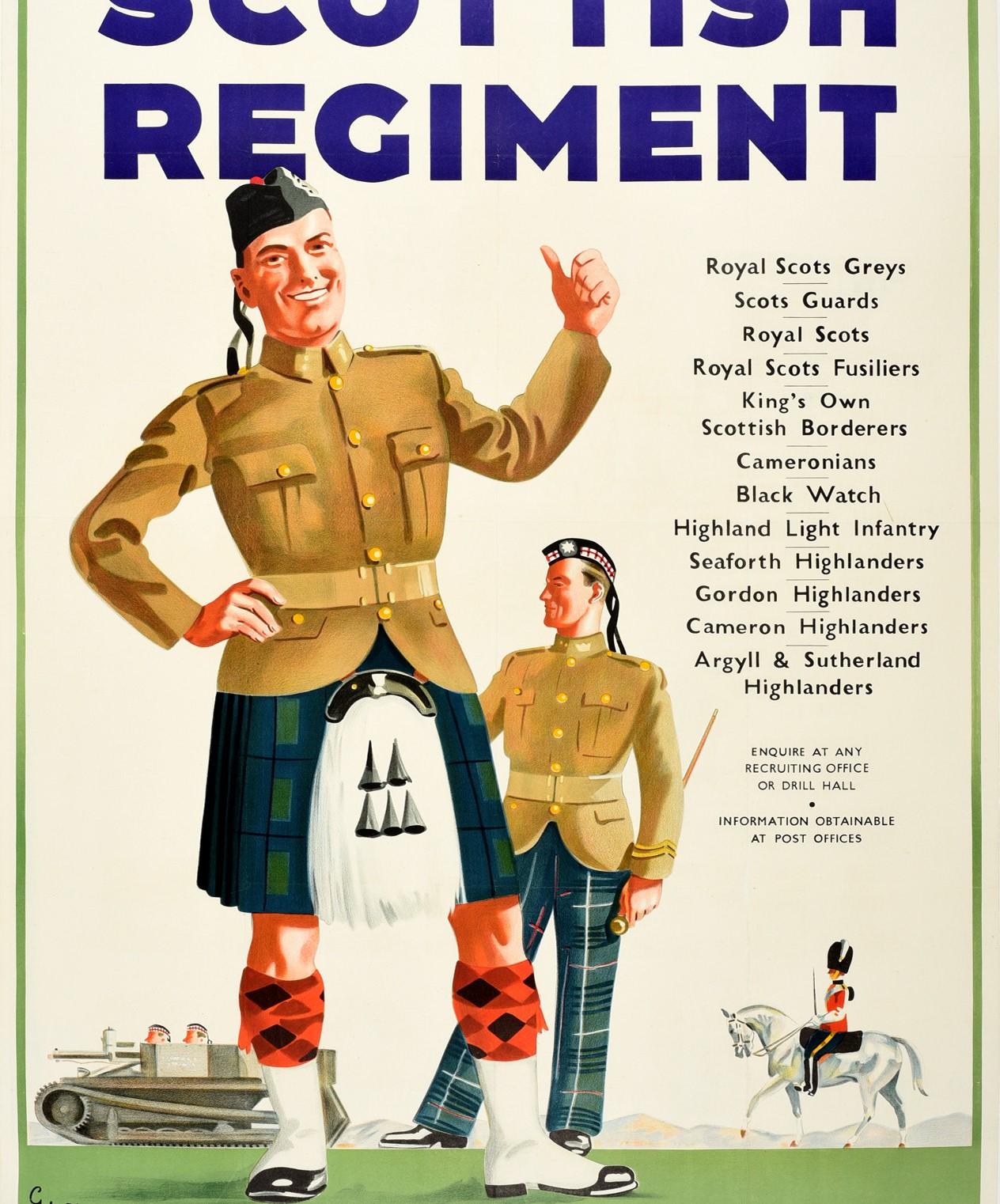 Affiche rétro originale, Rejoignez un régiment d'armée du régiment écossais, Garde de recrutement militaire Bon état - En vente à London, GB