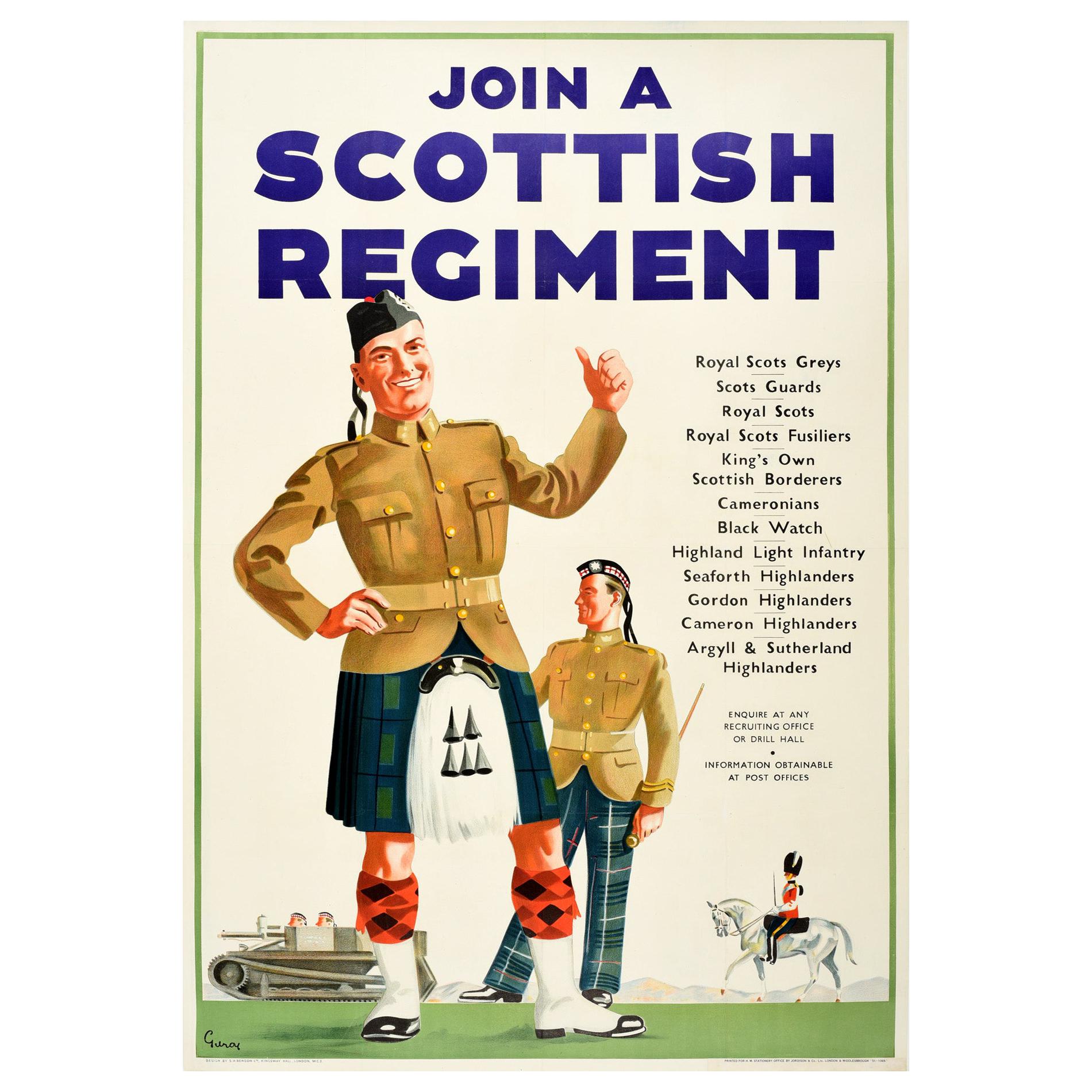 Original Vintage Poster Join A Scottish Regiment Army Military Recruitment Guard For Sale