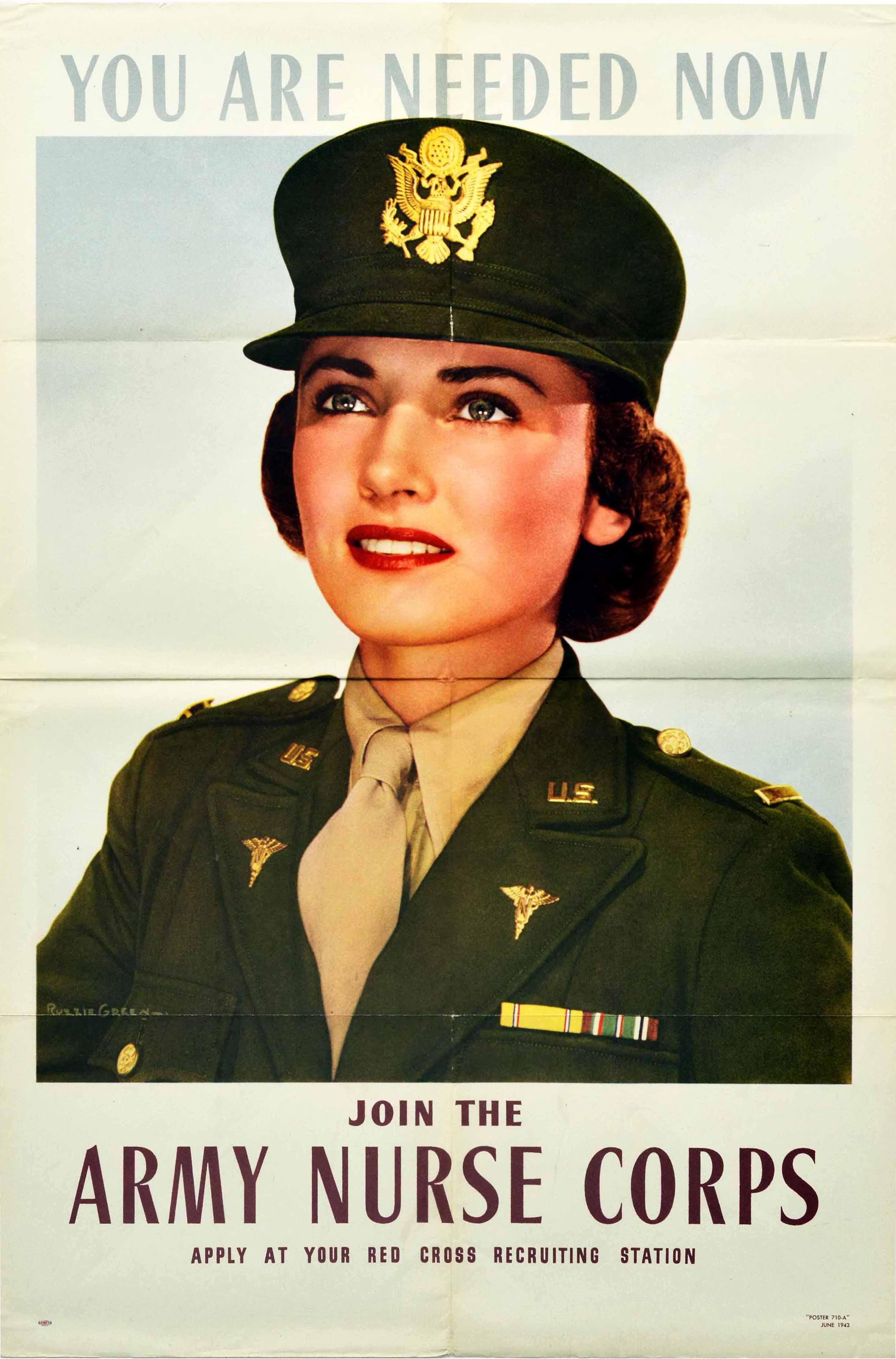 Original vintage World War Two recruitment poster calling for nurses - You are needed now Join the Army Nurse Corps Apply at your Red Cross recruiting station - featuring an elegant photo by the notable American photographer Ruzzie Green (Kneeland
