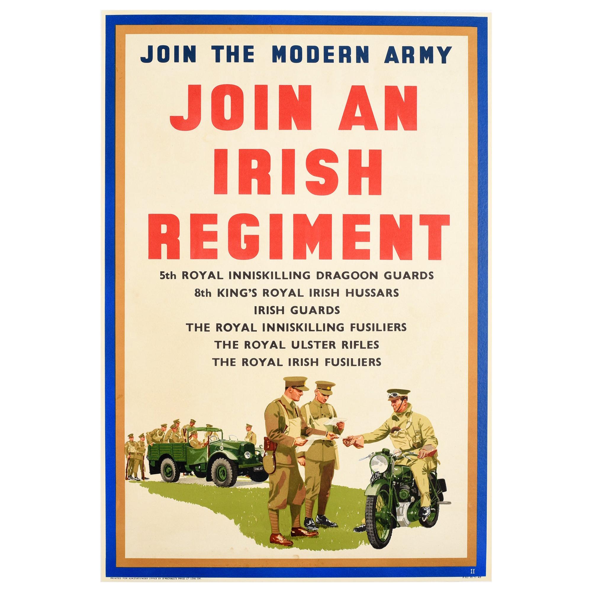 Original Vintage Poster Join The Modern Army Irish Regiment Military Recruitment