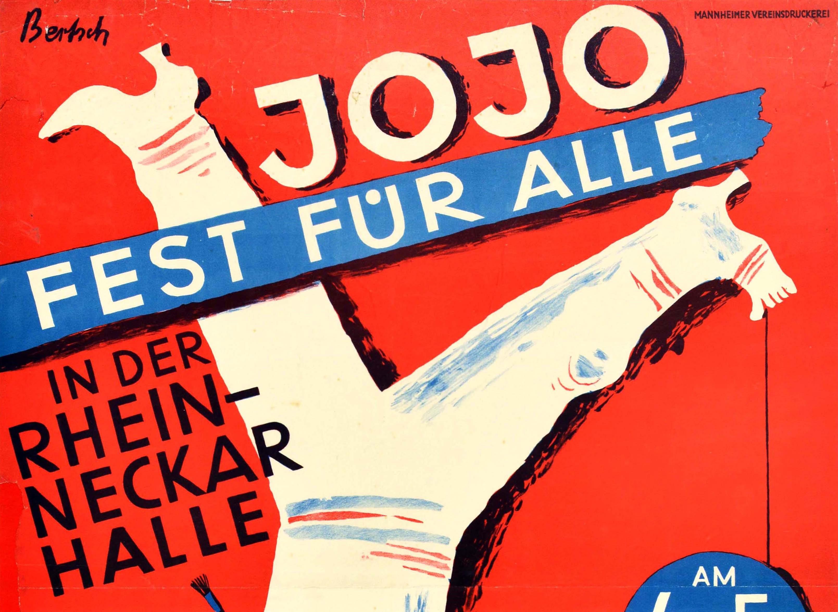 Original vintage advertising poster for the JoJo Fest fur Alle - the Jojo Festival for Everyone on 4-5 February 1933 at the Rhein-Neckar Halle with Yoyo Girls the European Dance Champion K.R. Weinlein M. Seidel Erwin Schmieder and his Orchestra 22