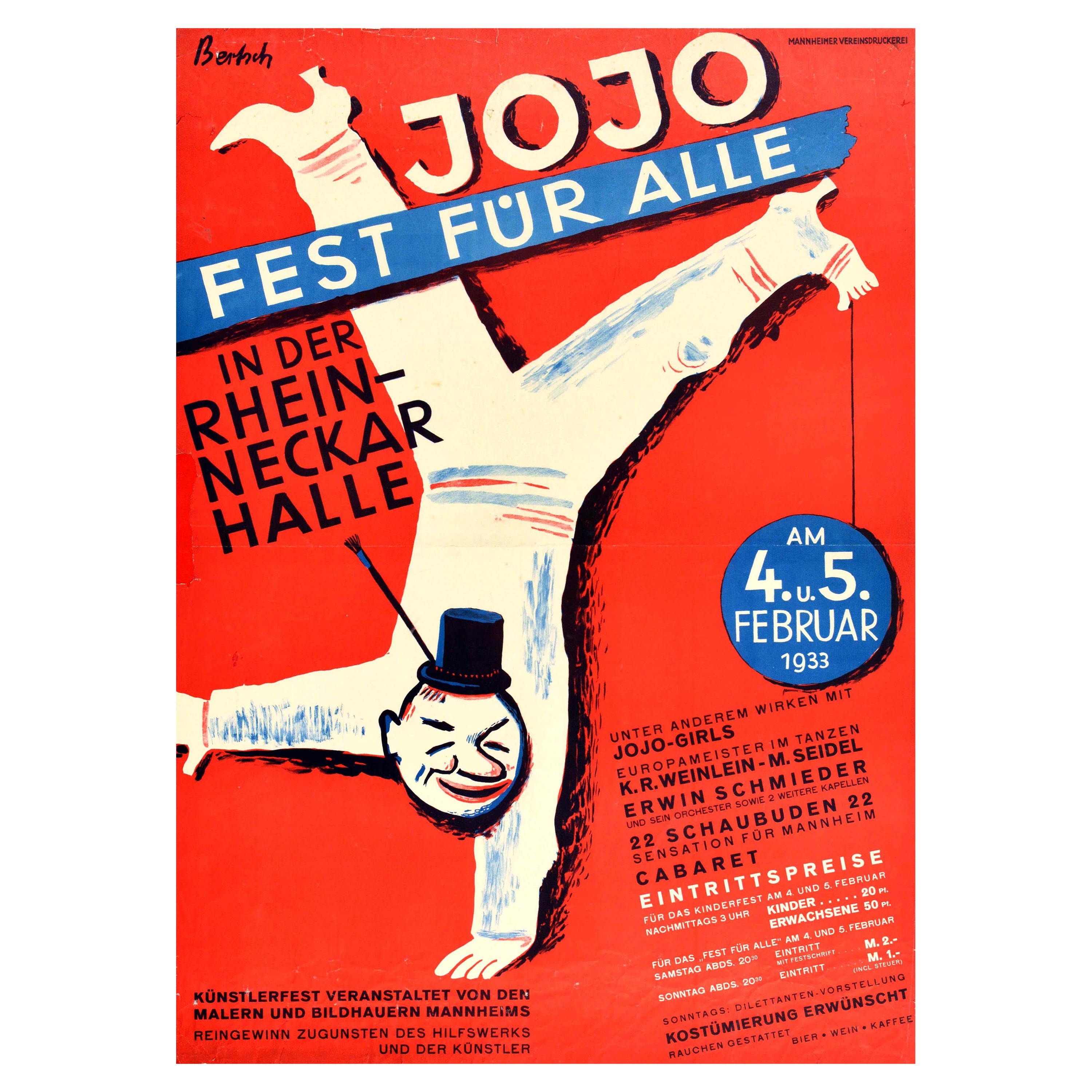 Affiche vintage d'origine Jojo Festival For All Clown Dance Music Show Cabaret Art en vente