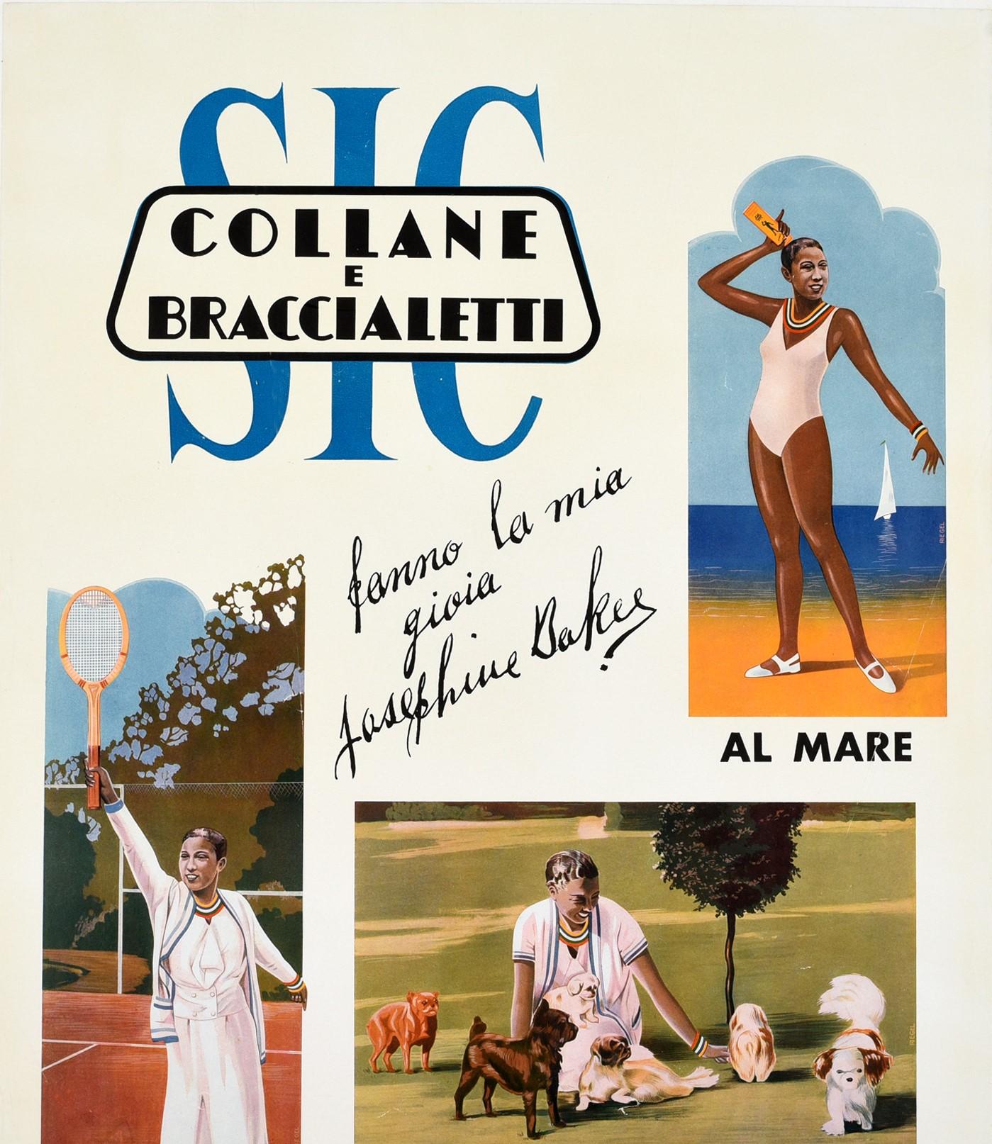 Originelles Werbeplakat für Schmuck von SIC Collane e Braccialetti / Halsketten und Armbänder mit Abbildungen von Josephine Baker, die bunte Halsketten und Armbänder an drei Orten trägt - al mare / am Meer, in einem weißen Badeanzug und an einem